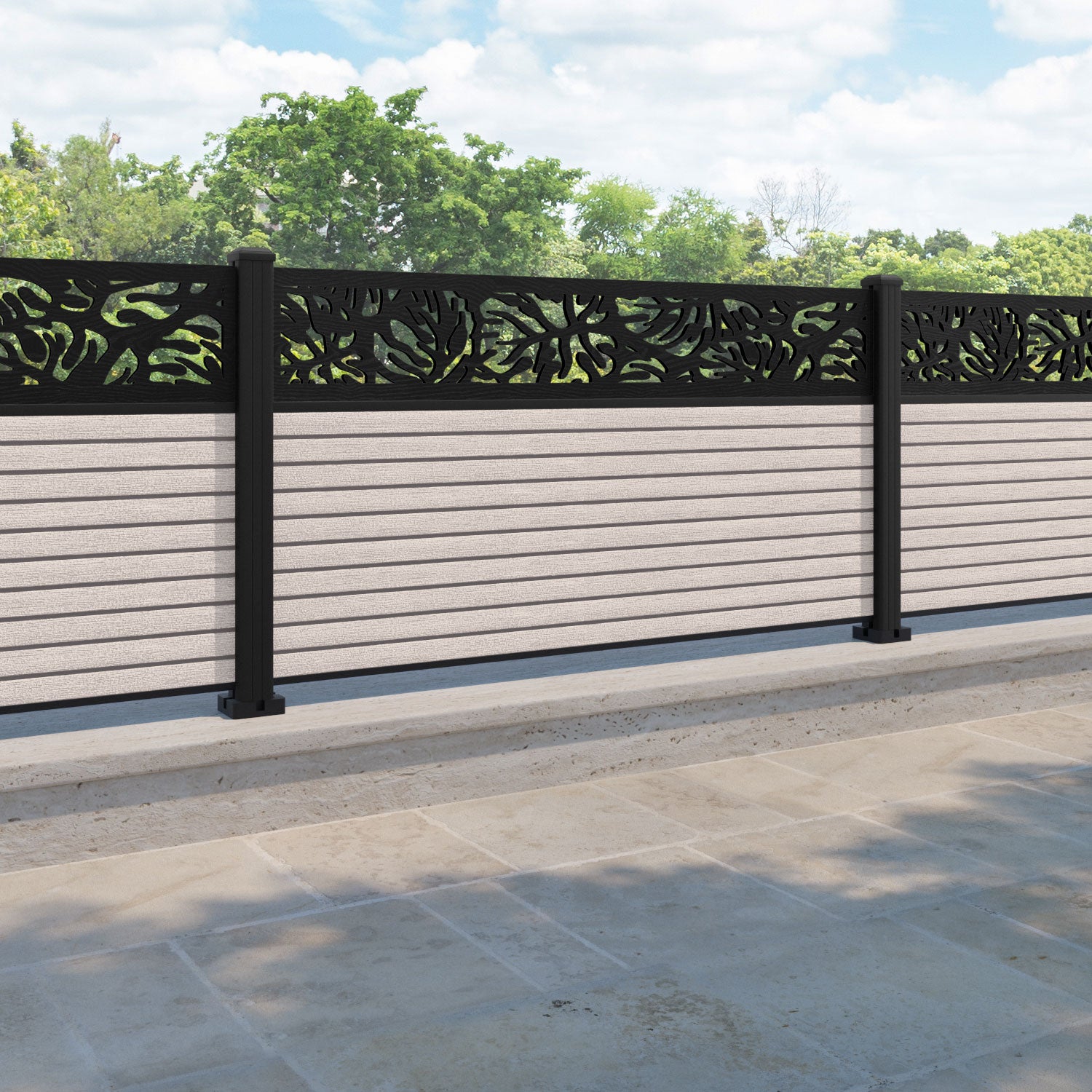 Hudson Botanic Fence Panel - Mid Stone - with our aluminium posts