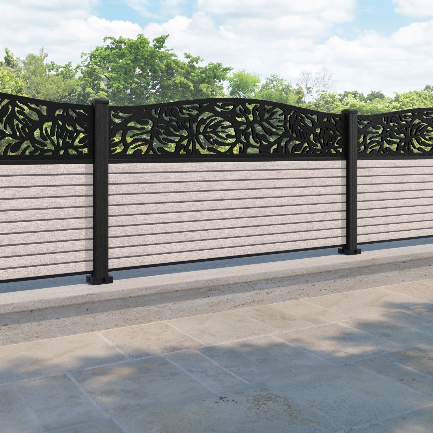 Hudson Botanic Curved Top Fence Panel - Mid Stone - with our composite posts
