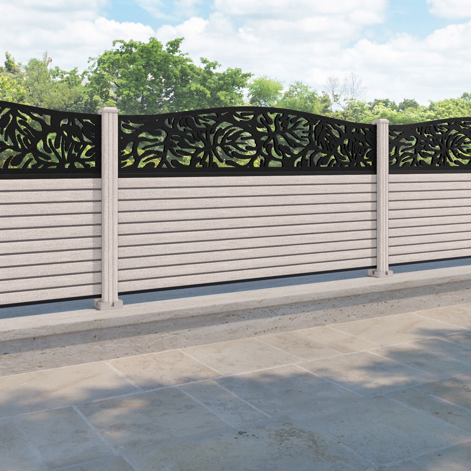 Hudson Botanic Curved Top Fence Panel - Mid Stone - with our composite posts