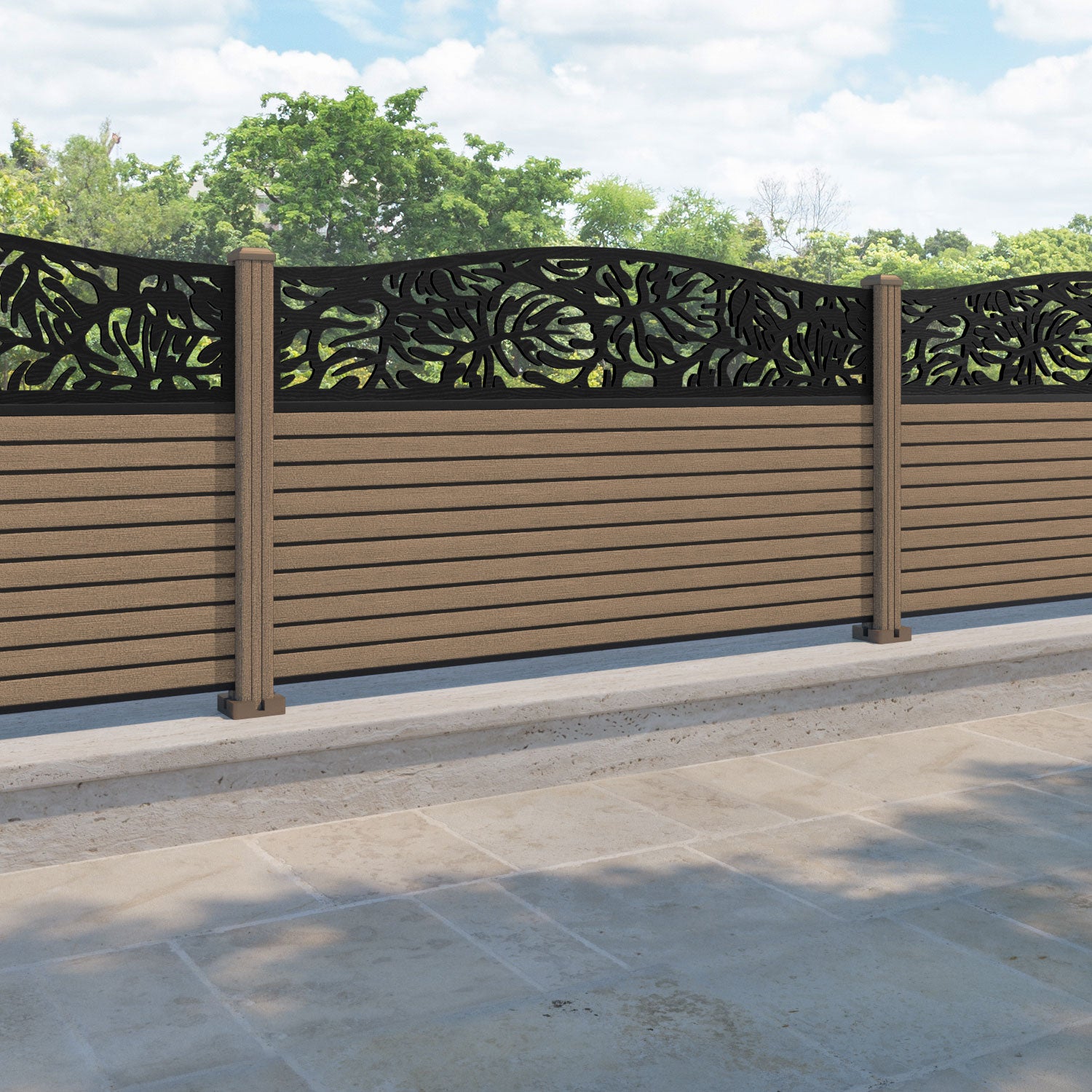 Hudson Botanic Curved Top Fence Panel - Teak - with our composite posts