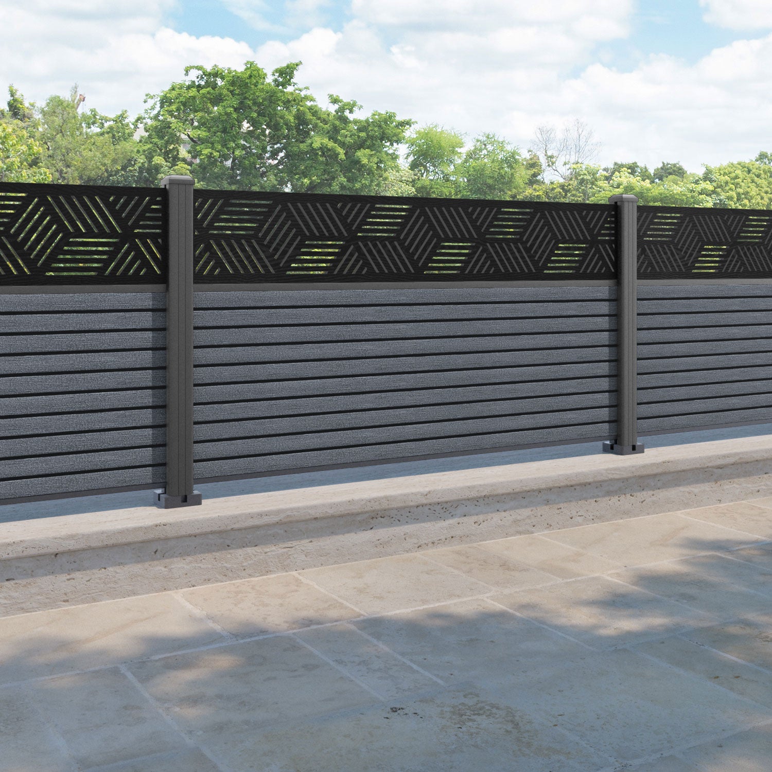 Hudson Cubed Fence Panel - Anthracite - with our aluminium posts