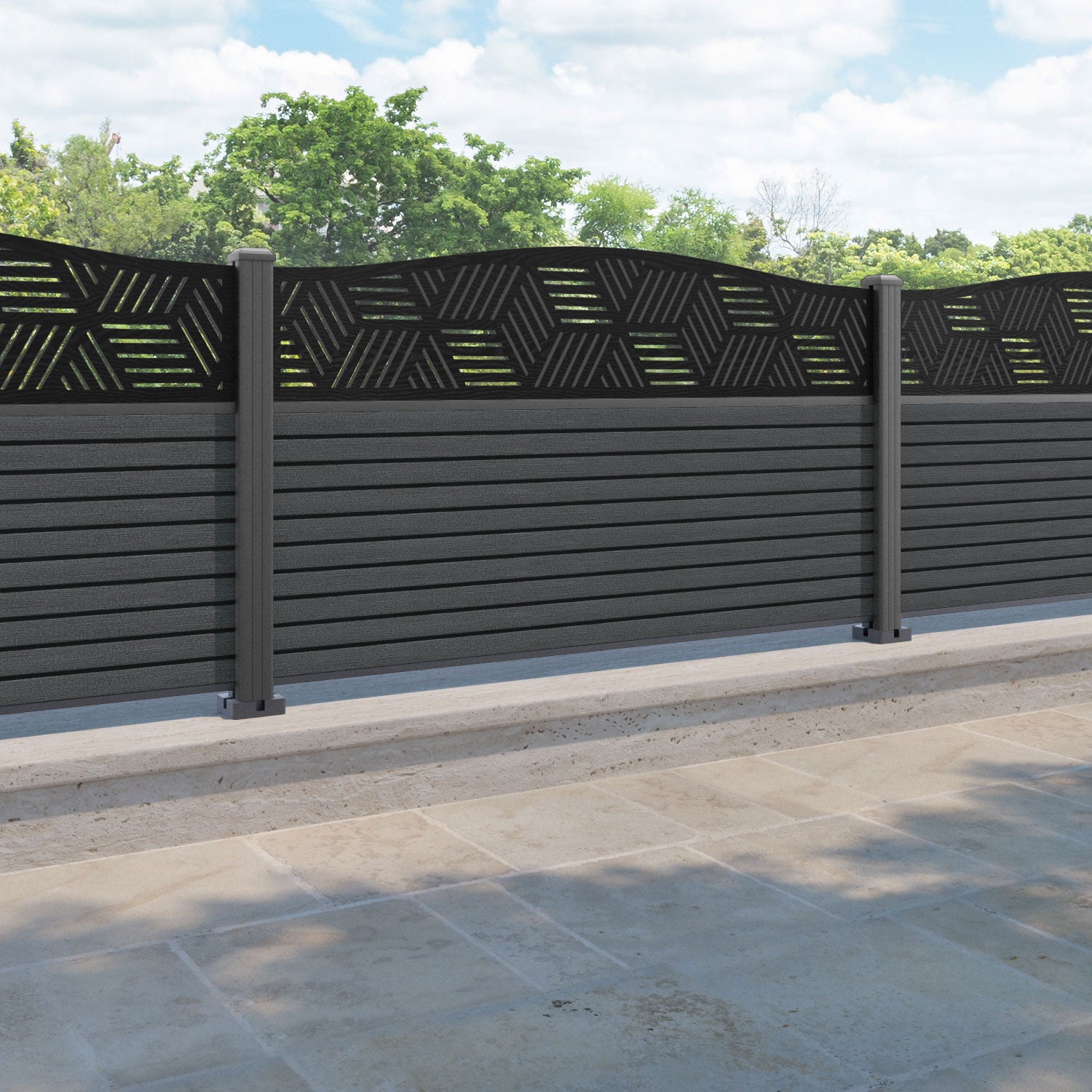 Hudson Cubed Curved Top Fence Panel - Dark Grey - with our aluminium posts