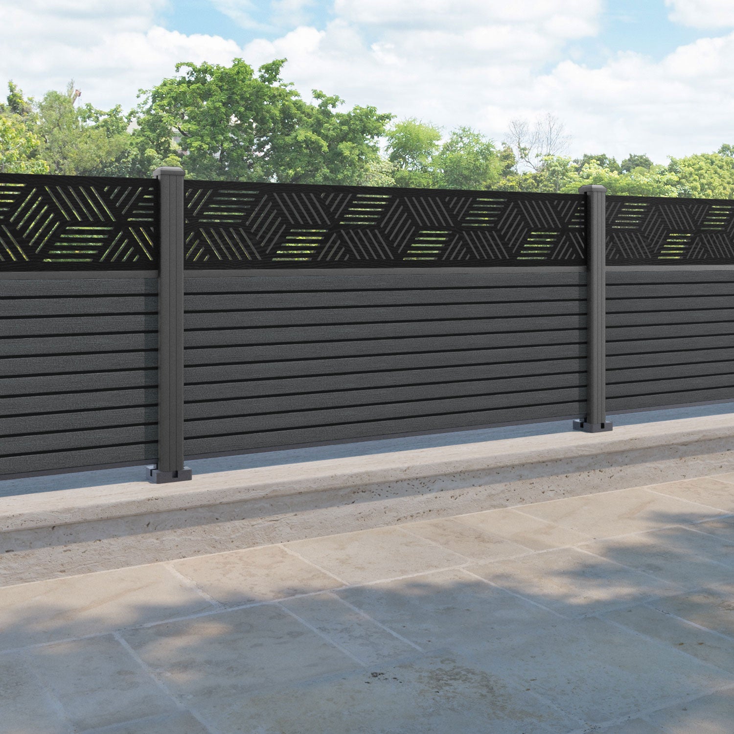 Hudson Cubed Fence Panel - Dark Grey - with our aluminium posts