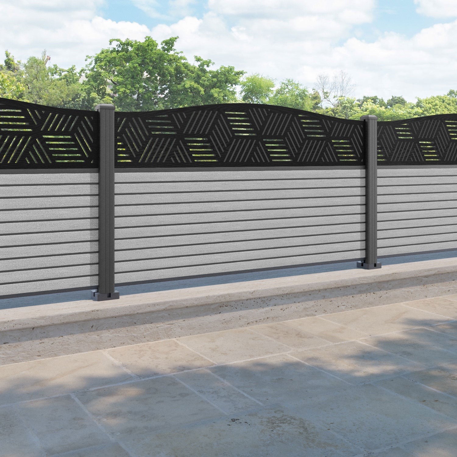 Hudson Cubed Curved Top Fence Panel - Light Grey - with our aluminium posts