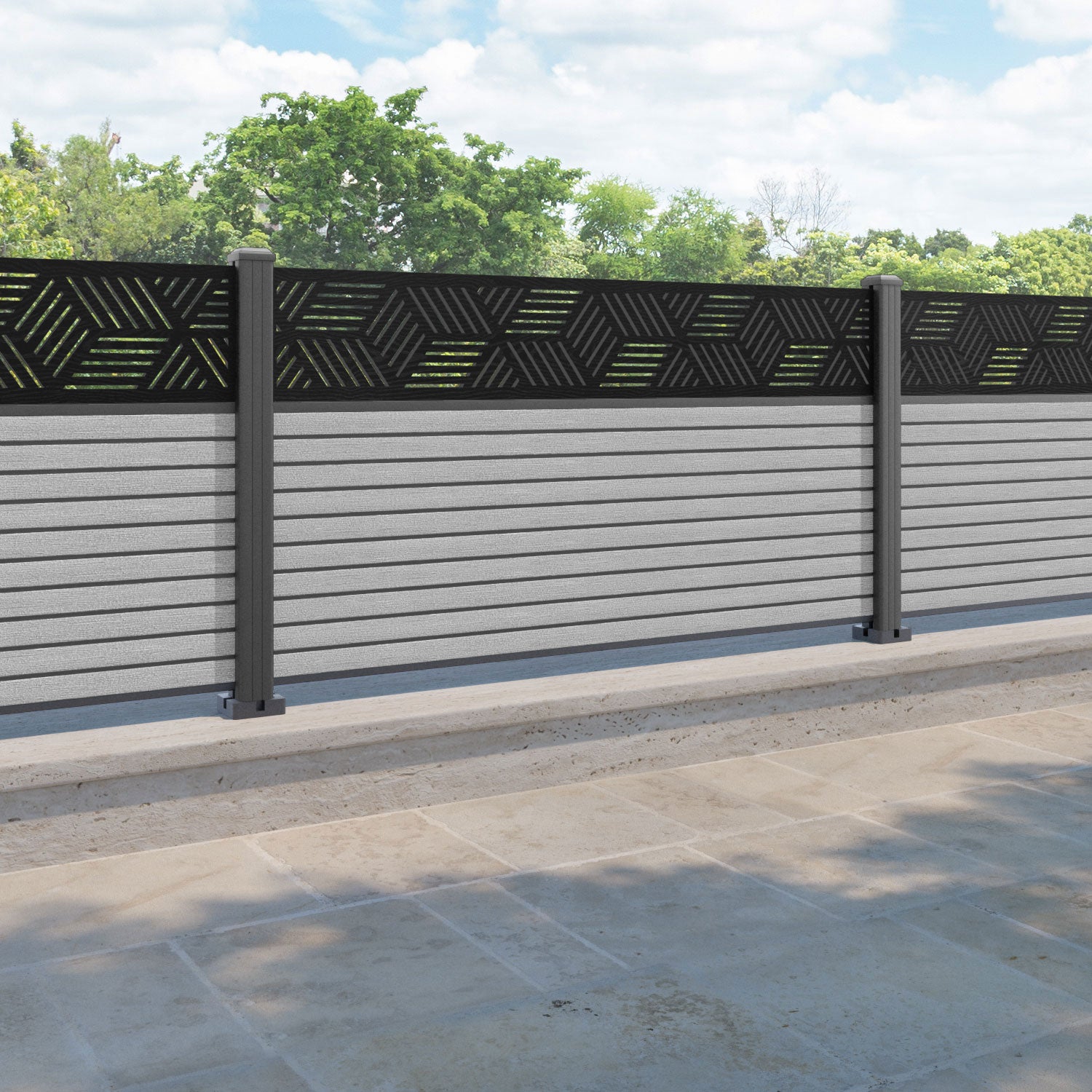Hudson Cubed Fence Panel - Light Grey - with our aluminium posts