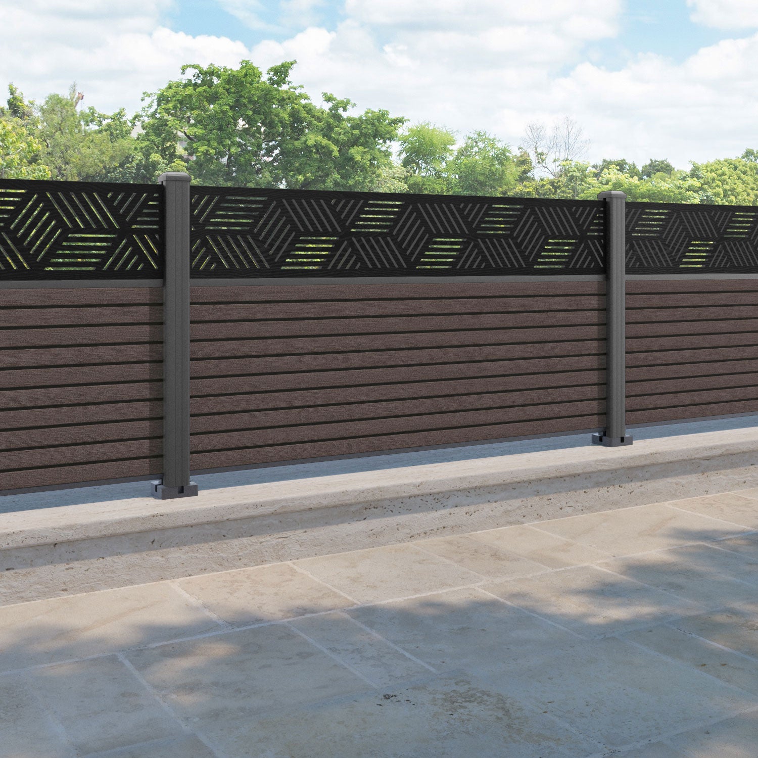 Hudson Cubed Fence Panel - Mid Brown - with our aluminium posts