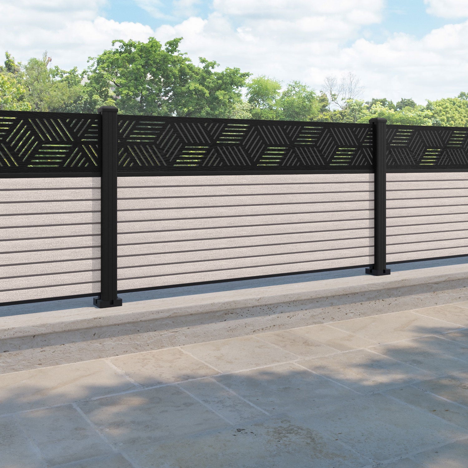 Hudson Cubed Fence Panel - Mid Stone - with our aluminium posts