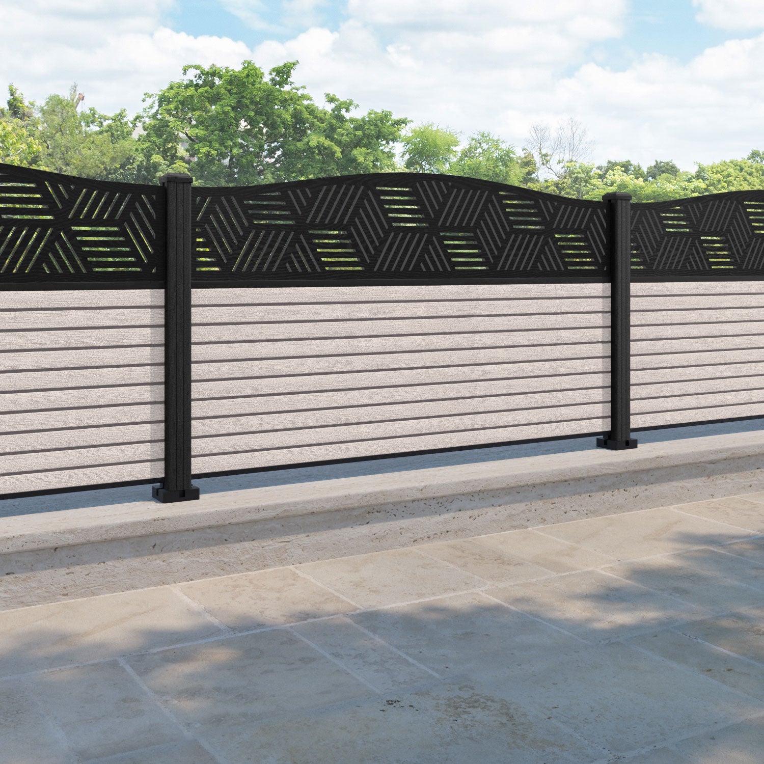 Hudson Cubed Curved Top Fence Panel - Mid Stone - with our composite posts