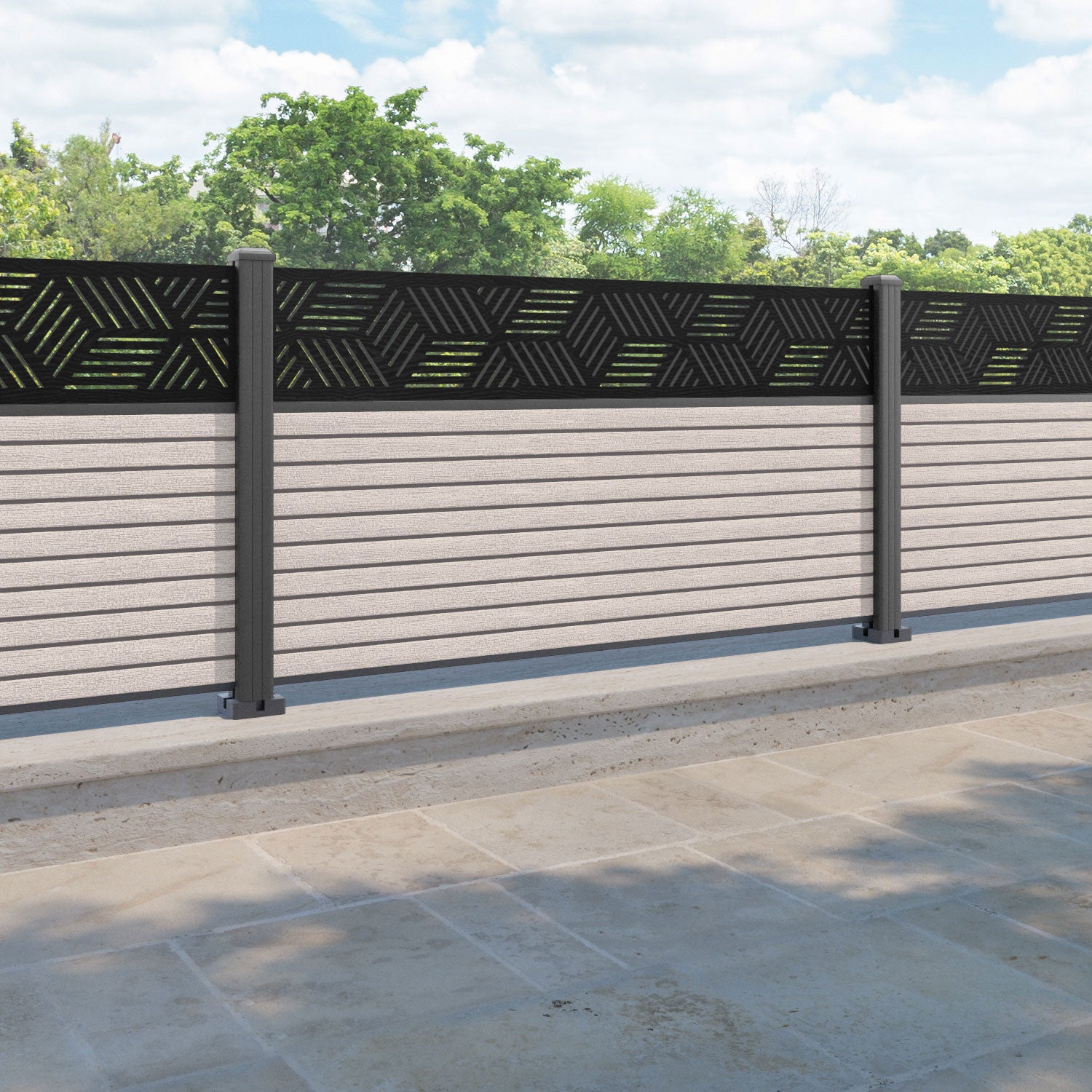 Hudson Cubed Fence Panel - Mid Stone - with our aluminium posts