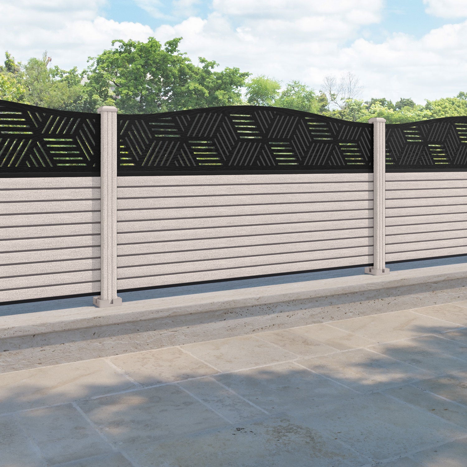 Hudson Cubed Curved Top Fence Panel - Mid Stone - with our composite posts