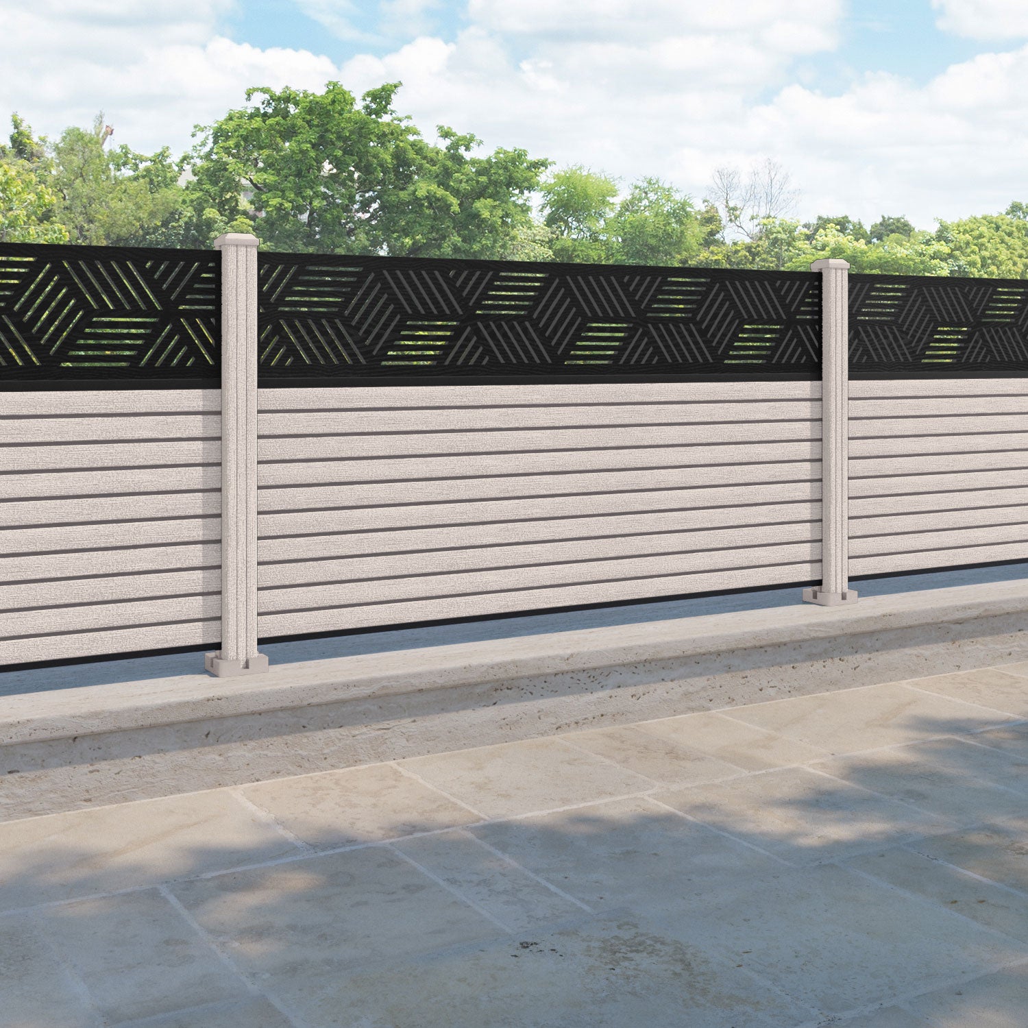 Hudson Cubed Fence Panel - Mid Stone - with our composite posts