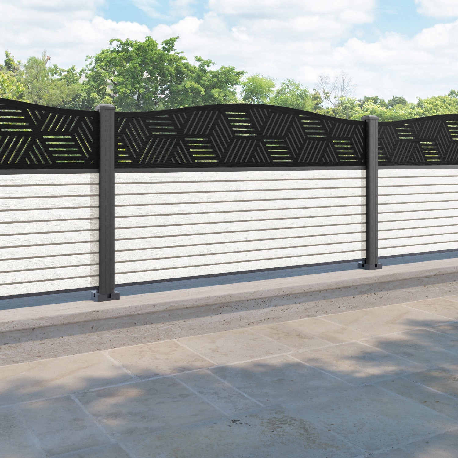 Hudson Cubed Curved Top Fence Panel - Light Stone - with our aluminium posts