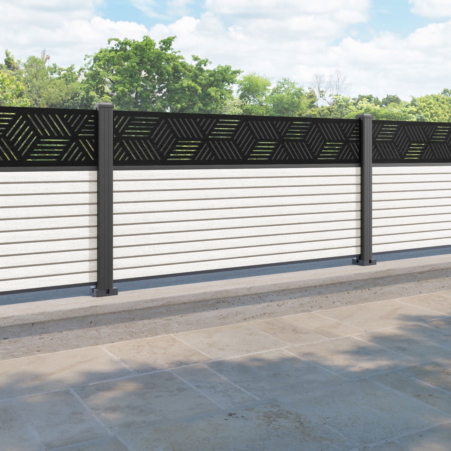 Hudson Cubed Fence Panel - Light Stone - with our aluminium posts