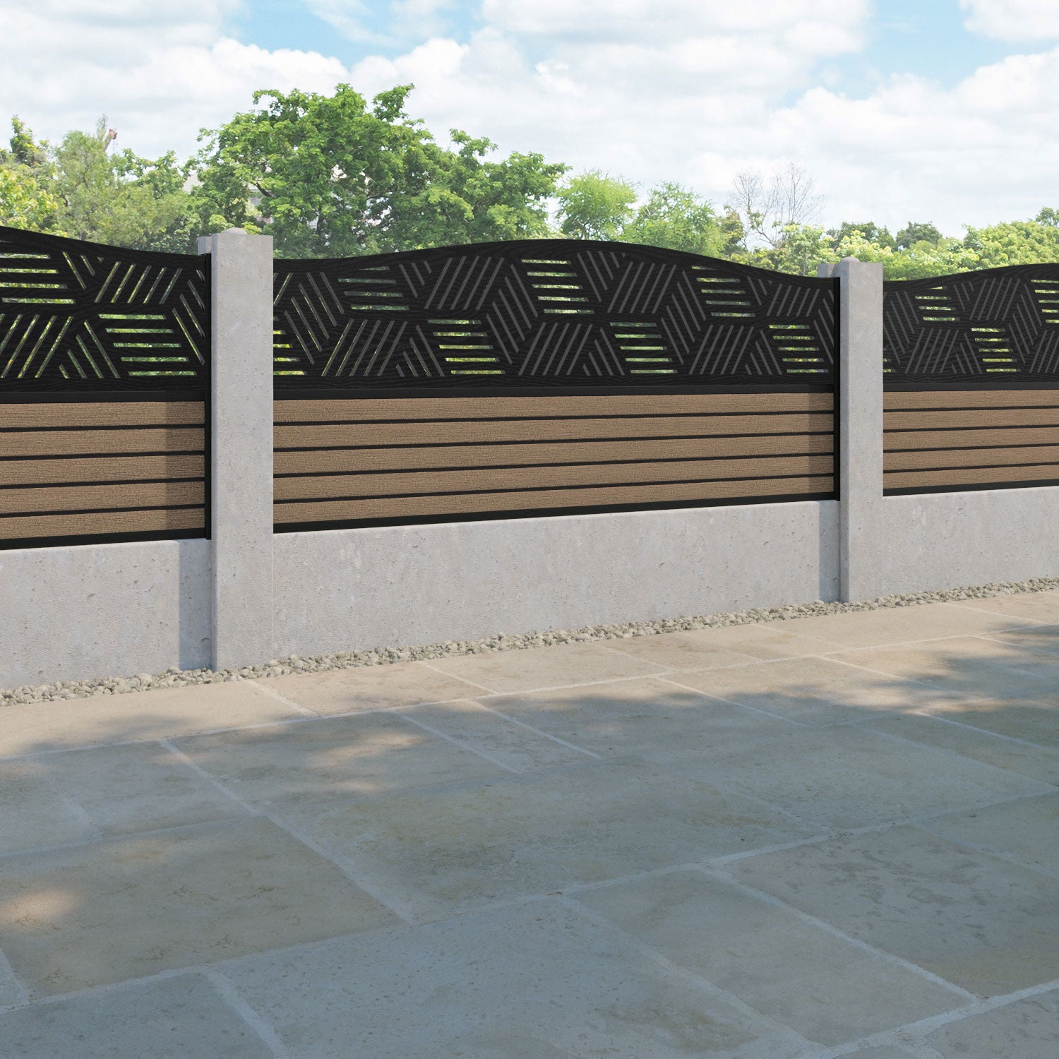 Hudson Cubed Curved Top Fence Panel - Teak - for existing concrete posts