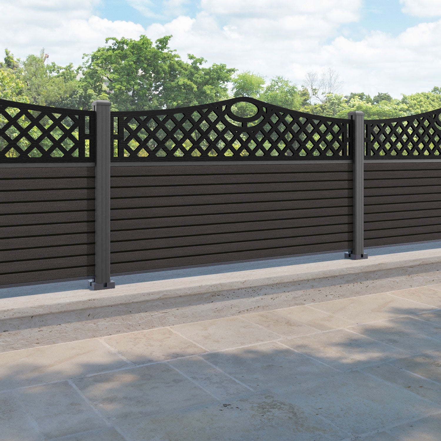 Hudson Oxford Curved Top Fence Panel - Dark Oak - with our aluminium posts