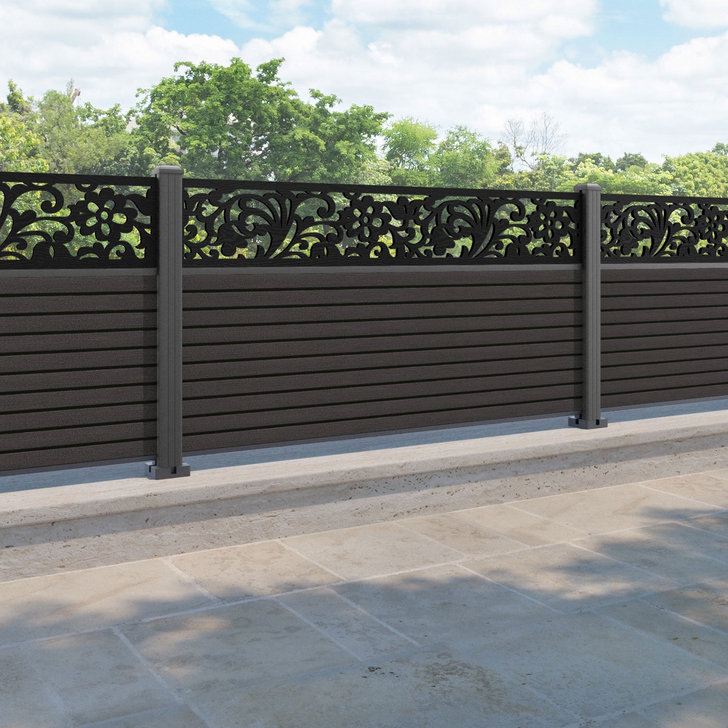 Hudson Eden Fence Panel - Dark Oak - with our aluminium posts