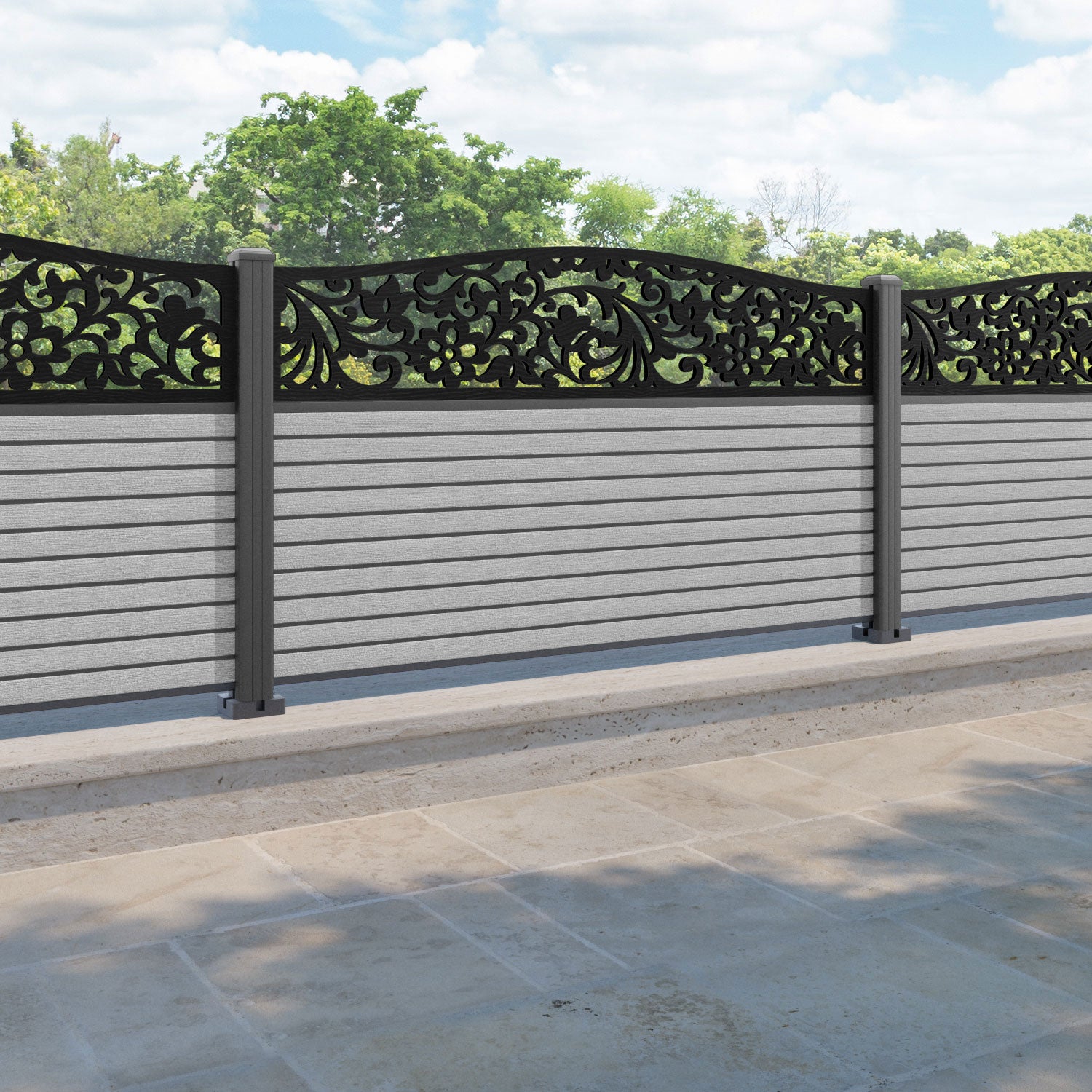 Hudson Eden Curved Top Fence Panel - Light Grey - with our aluminium posts