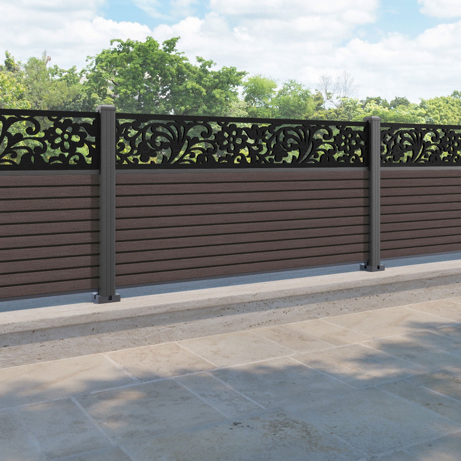 Hudson Eden Fence Panel - Mid Brown - with our aluminium posts