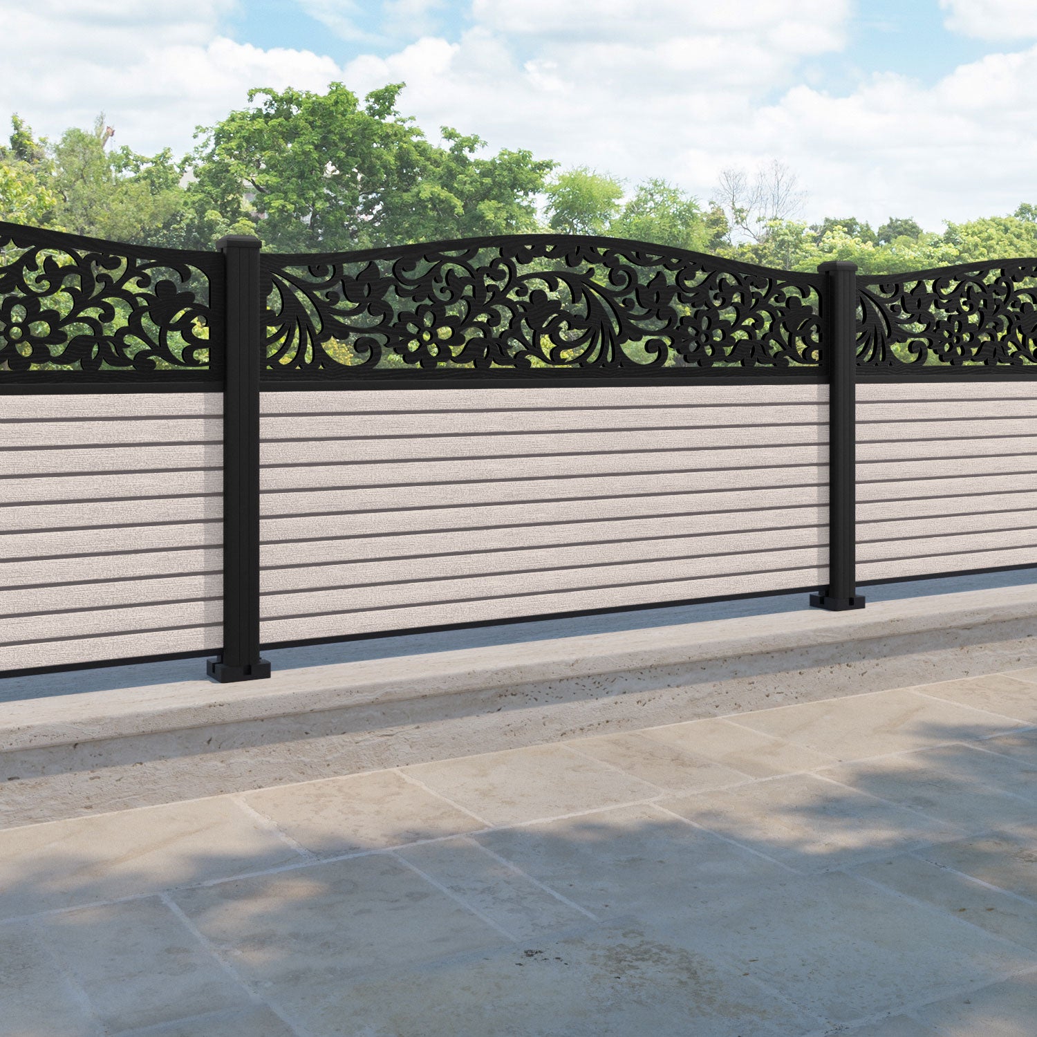 Hudson Eden Curved Top Fence Panel - Mid Stone - with our aluminium posts