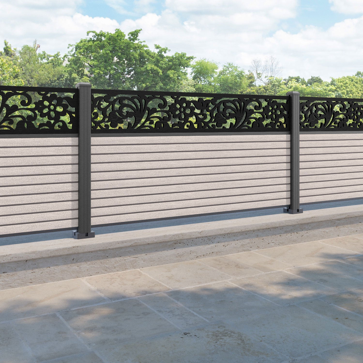 Hudson Eden Fence Panel - Mid Stone - with our aluminium posts