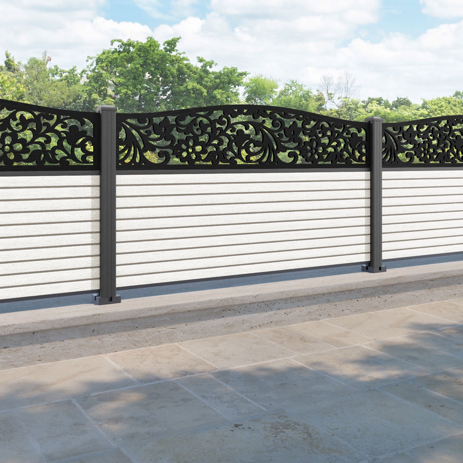 Hudson Eden Curved Top Fence Panel - Light Stone - with our aluminium posts