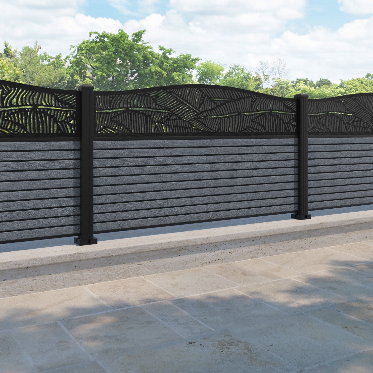 Hudson Feather Curved Top Fence Panel - Anthracite - with our aluminium posts