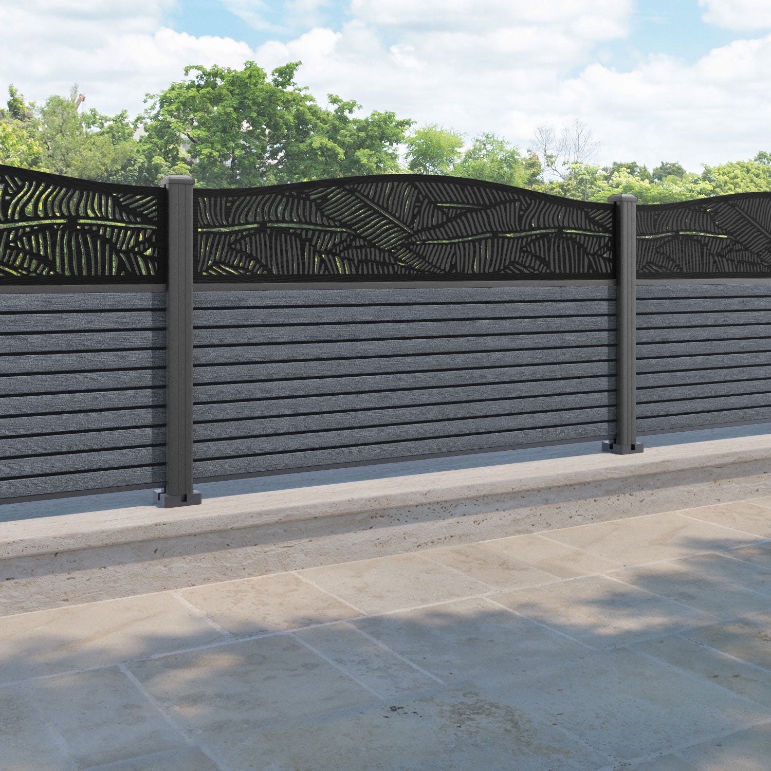 Hudson Feather Curved Top Fence Panel - Anthracite - with our aluminium posts