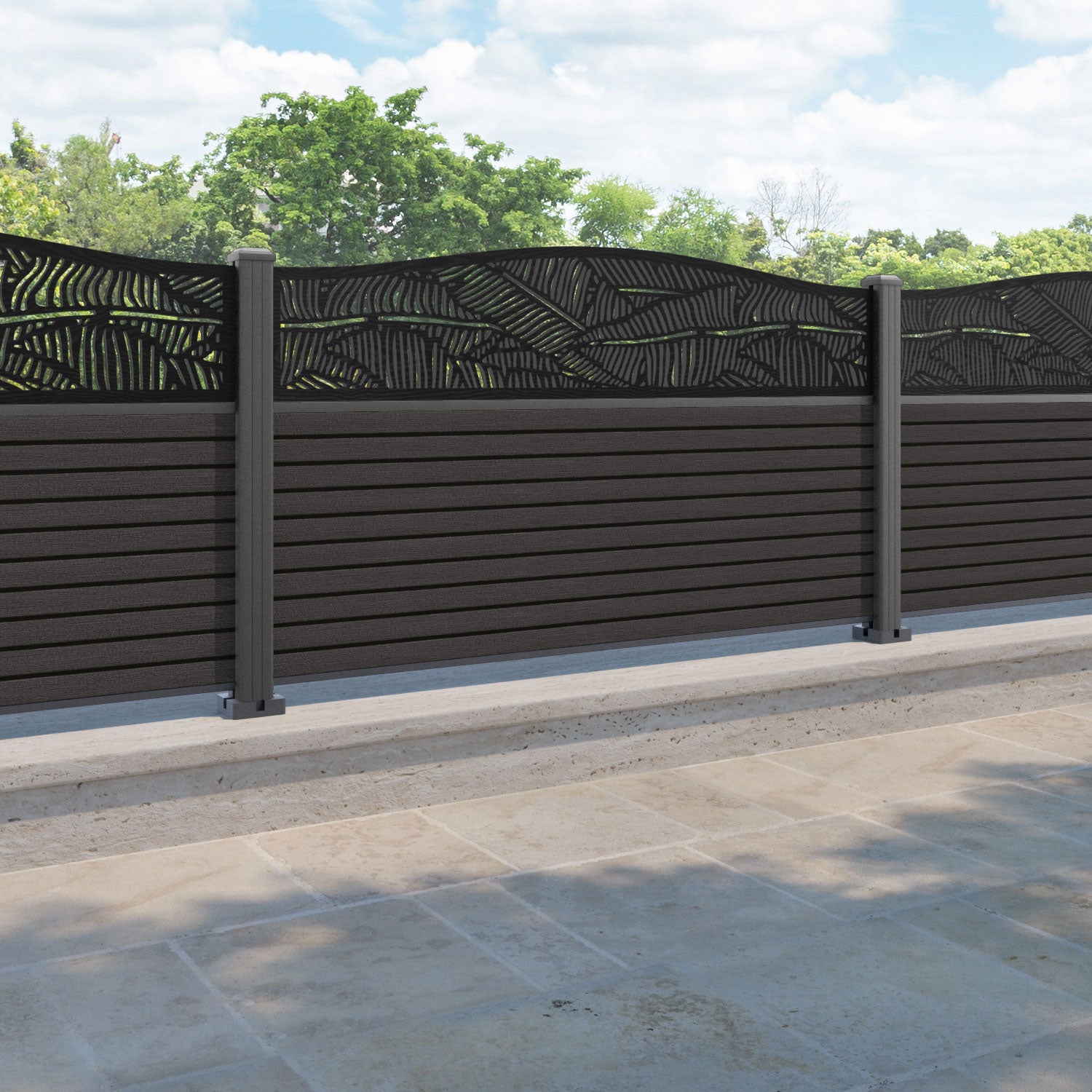 Hudson Feather Curved Top Fence Panel - Dark Oak - with our aluminium posts