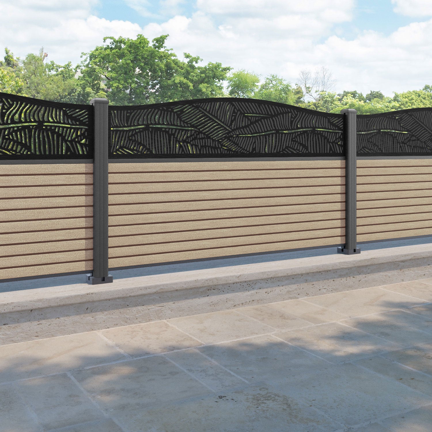 Hudson Feather Curved Top Fence Panel - Light Oak - with our aluminium posts