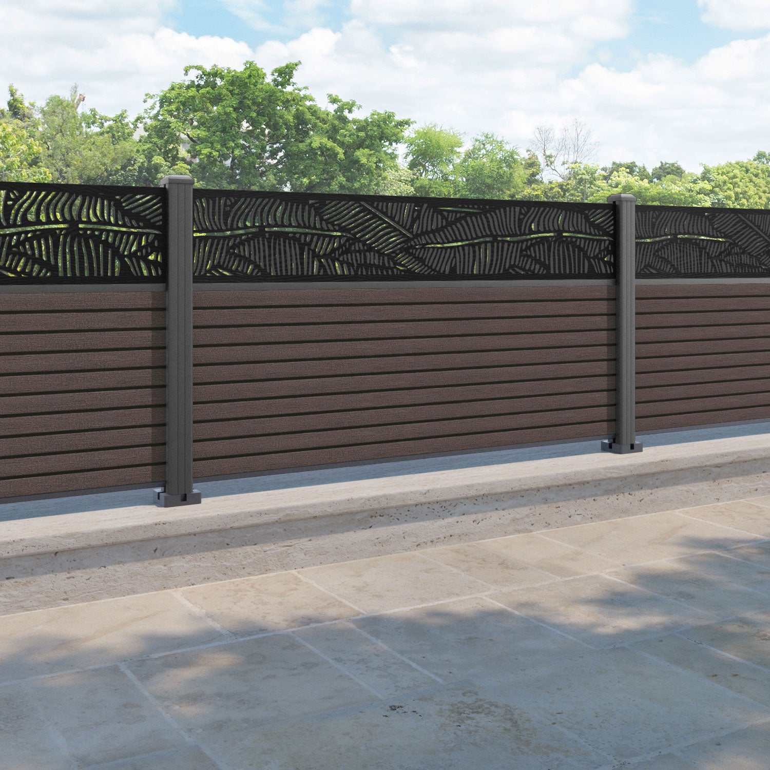 Hudson Feather Fence Panel - Mid Brown - with our aluminium posts