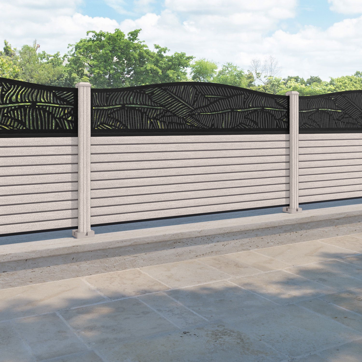 Hudson Feather Curved Top Fence Panel - Mid Stone - with our composite posts