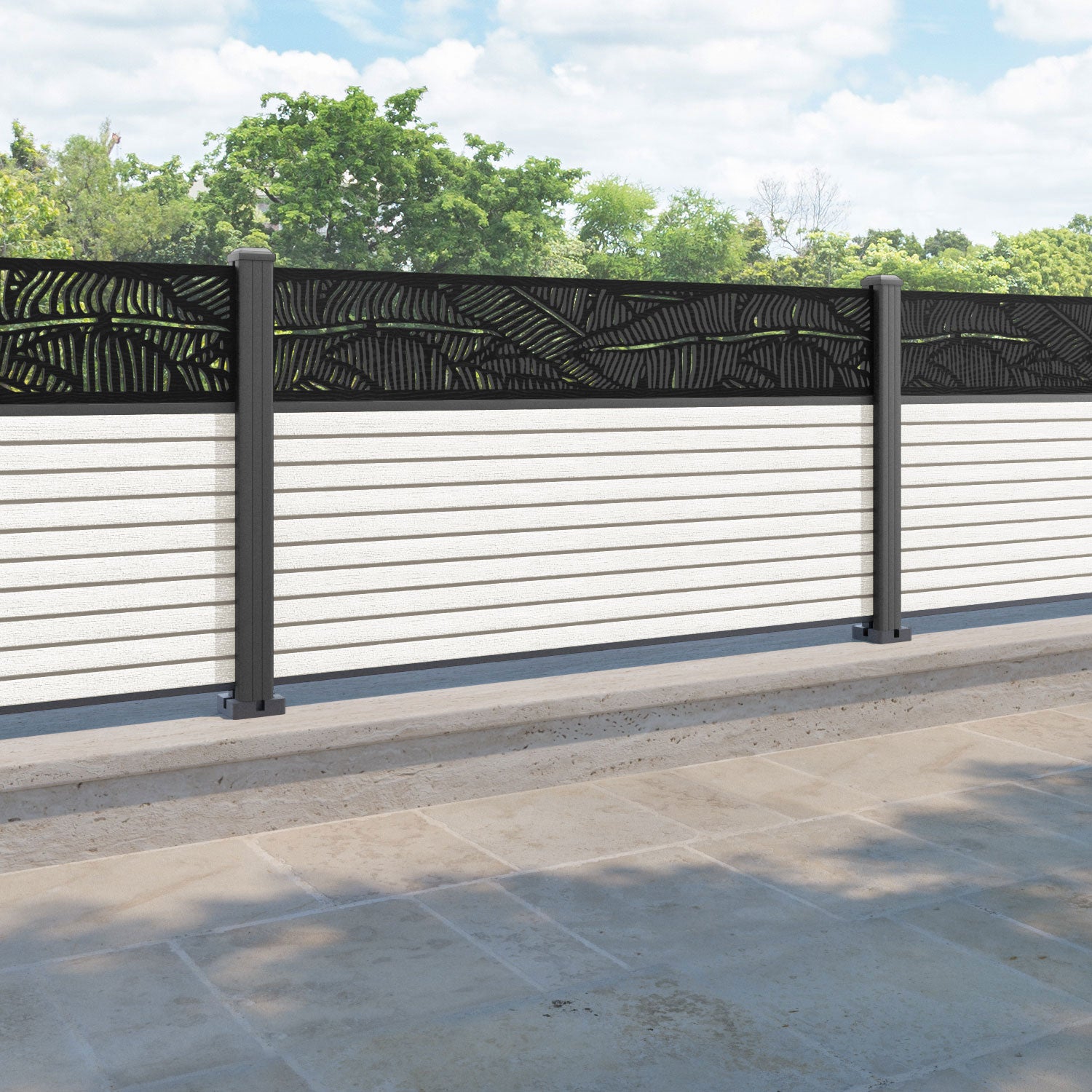 Hudson Feather Fence Panel - Light Stone - with our aluminium posts