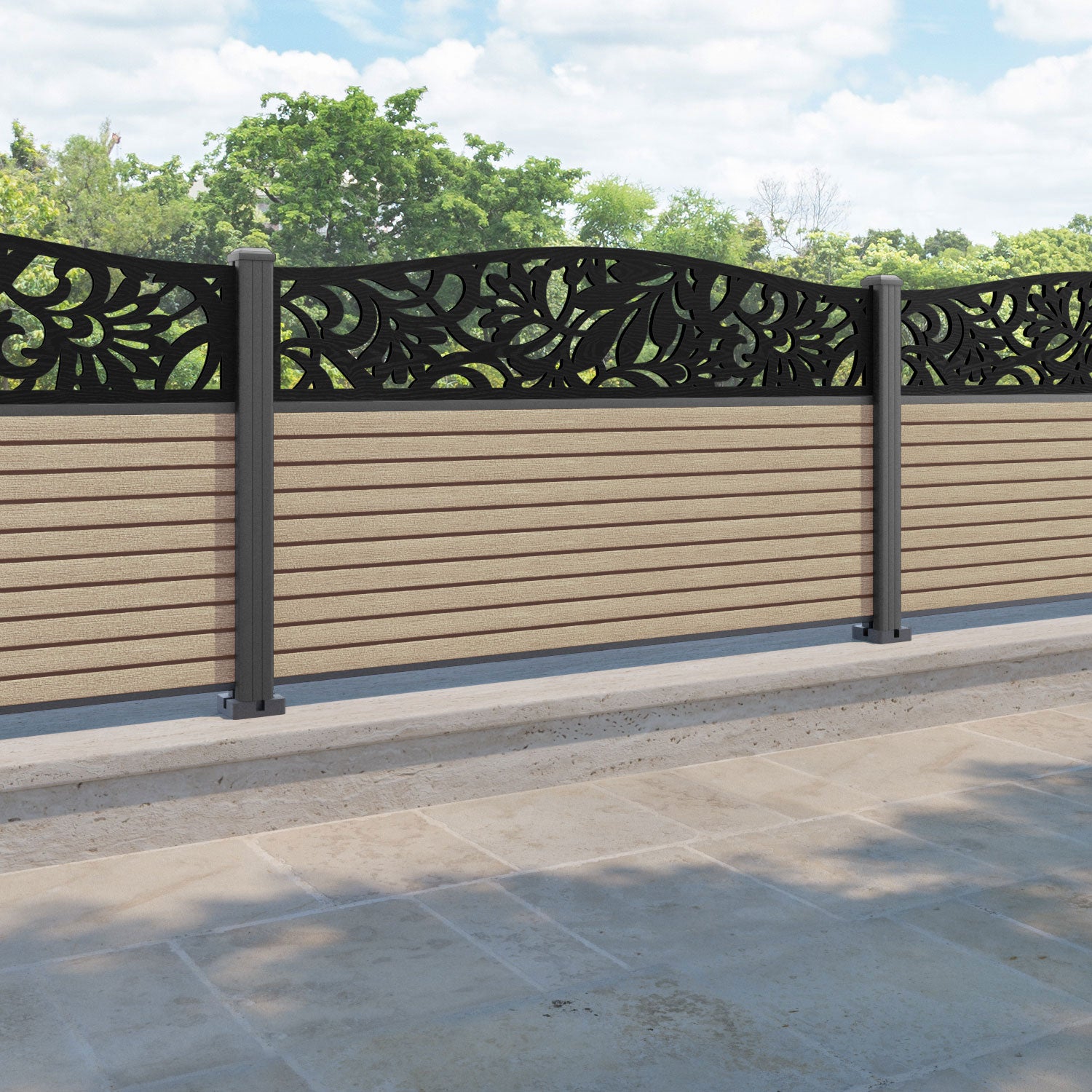 Hudson Heritage Curved Top Fence Panel - Light Oak - with our aluminium posts