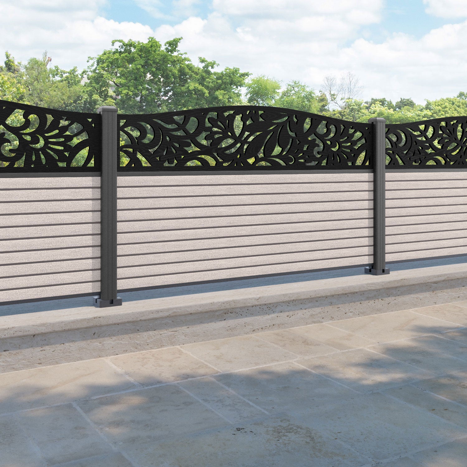 Hudson Heritage Curved Top Fence Panel - Mid Stone - with our aluminium posts