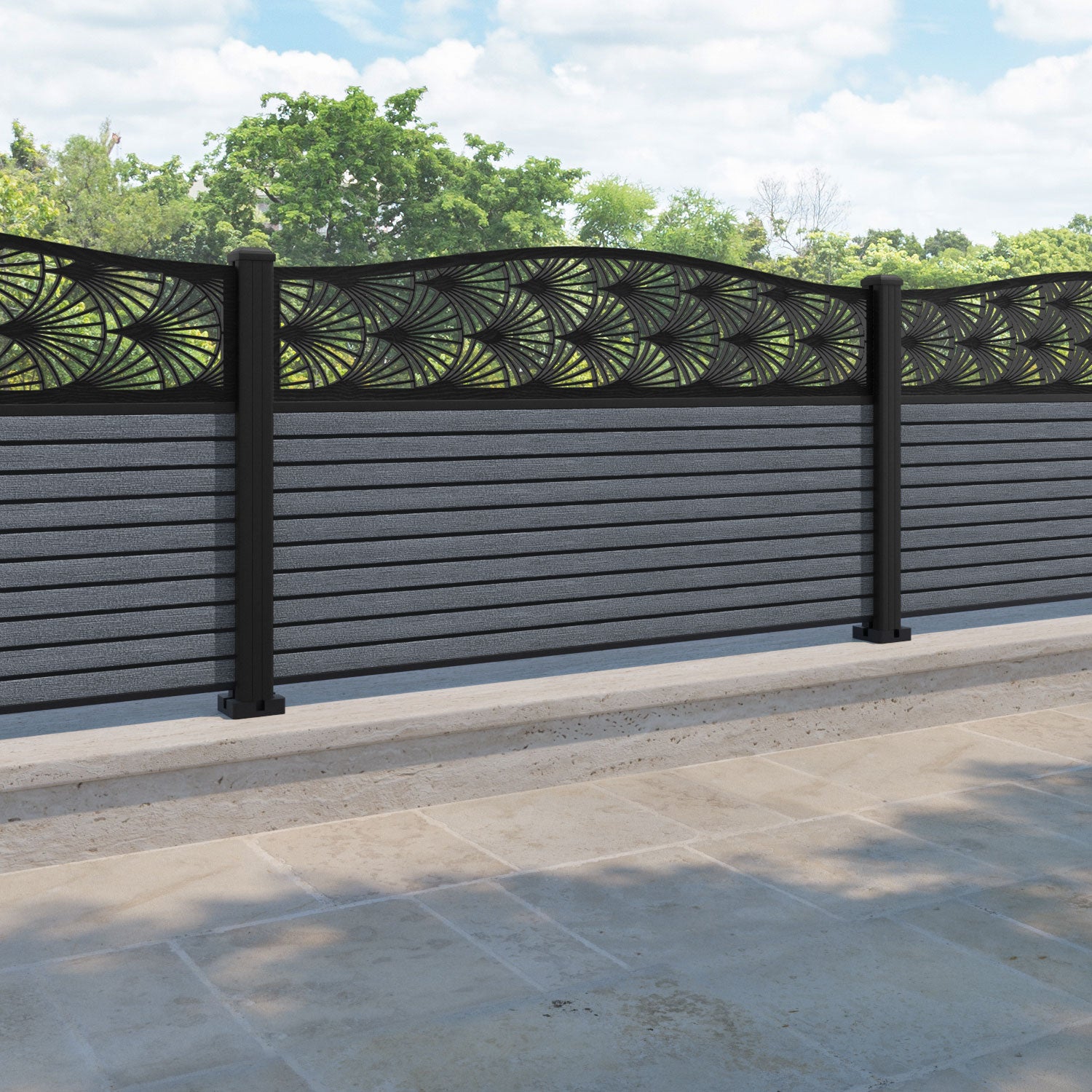 Hudson Laurel Curved Top Fence Panel - Anthracite - with our aluminium posts