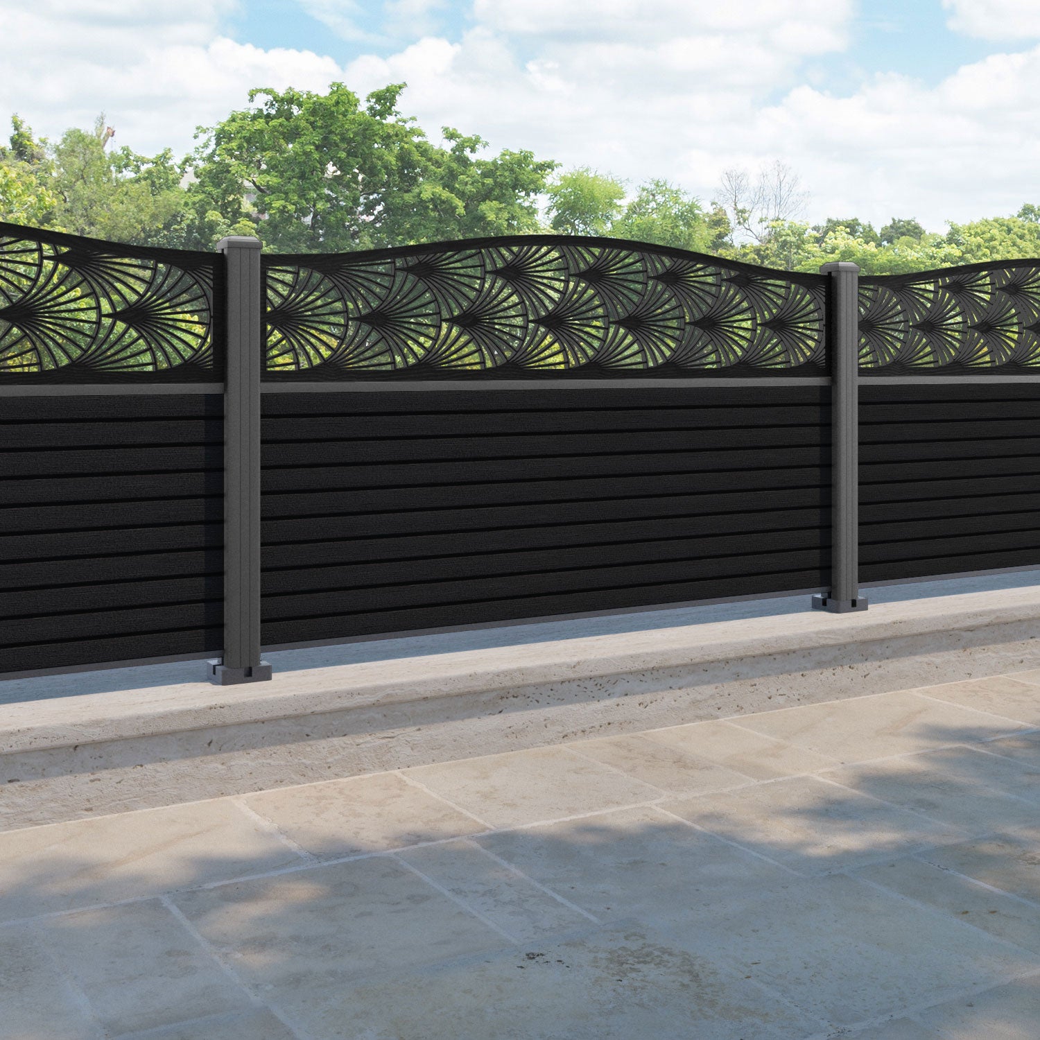 Hudson Laurel Curved Top Fence Panel - Black - with our aluminium posts