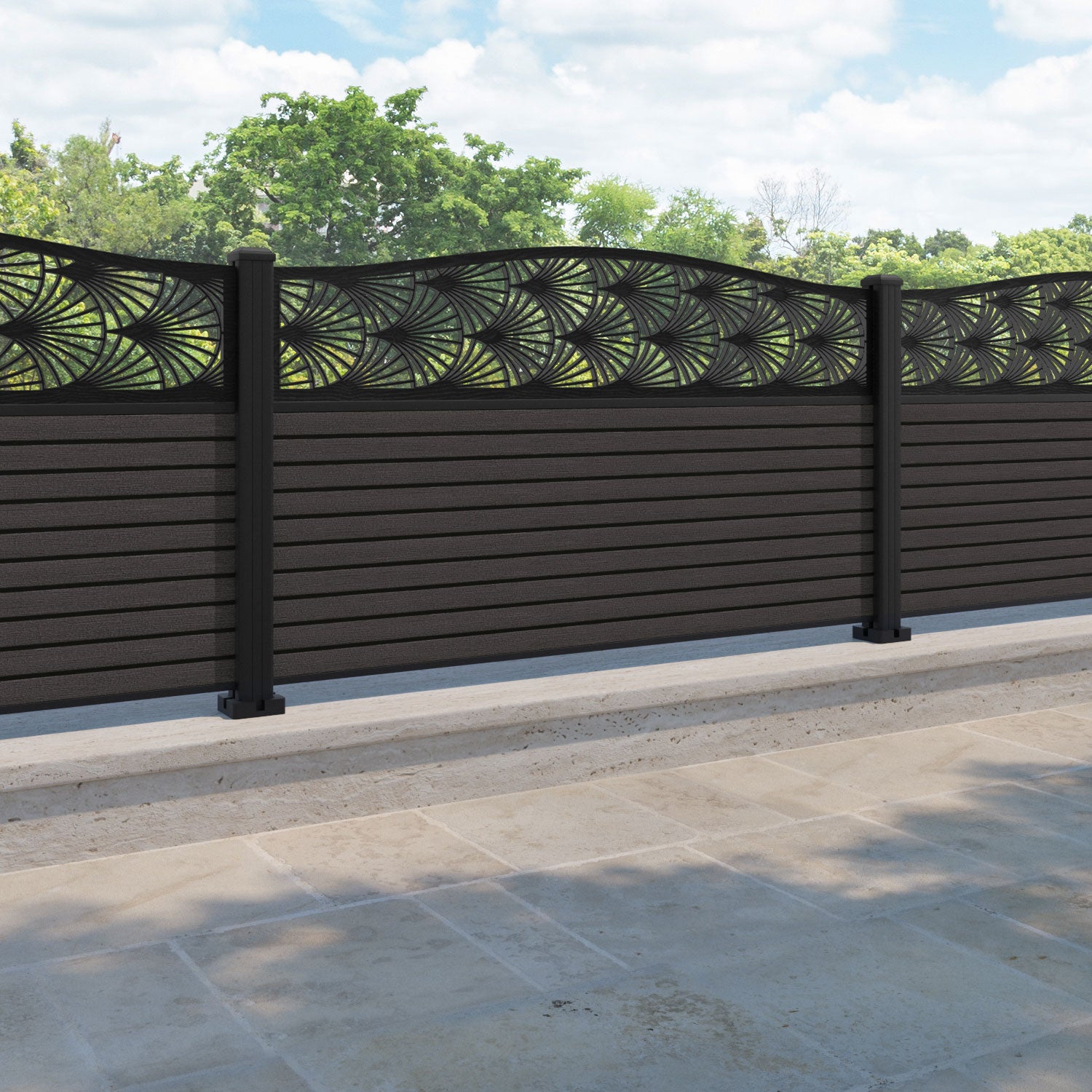 Hudson Laurel Curved Top Fence Panel - Dark Oak - with our aluminium posts