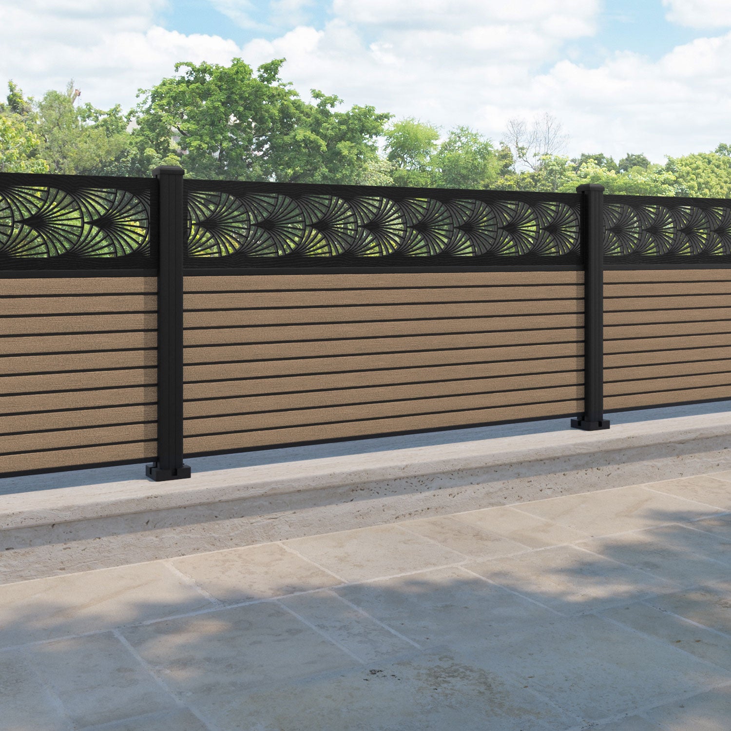 Hudson Laurel Fence Panel - Teak - with our aluminium posts