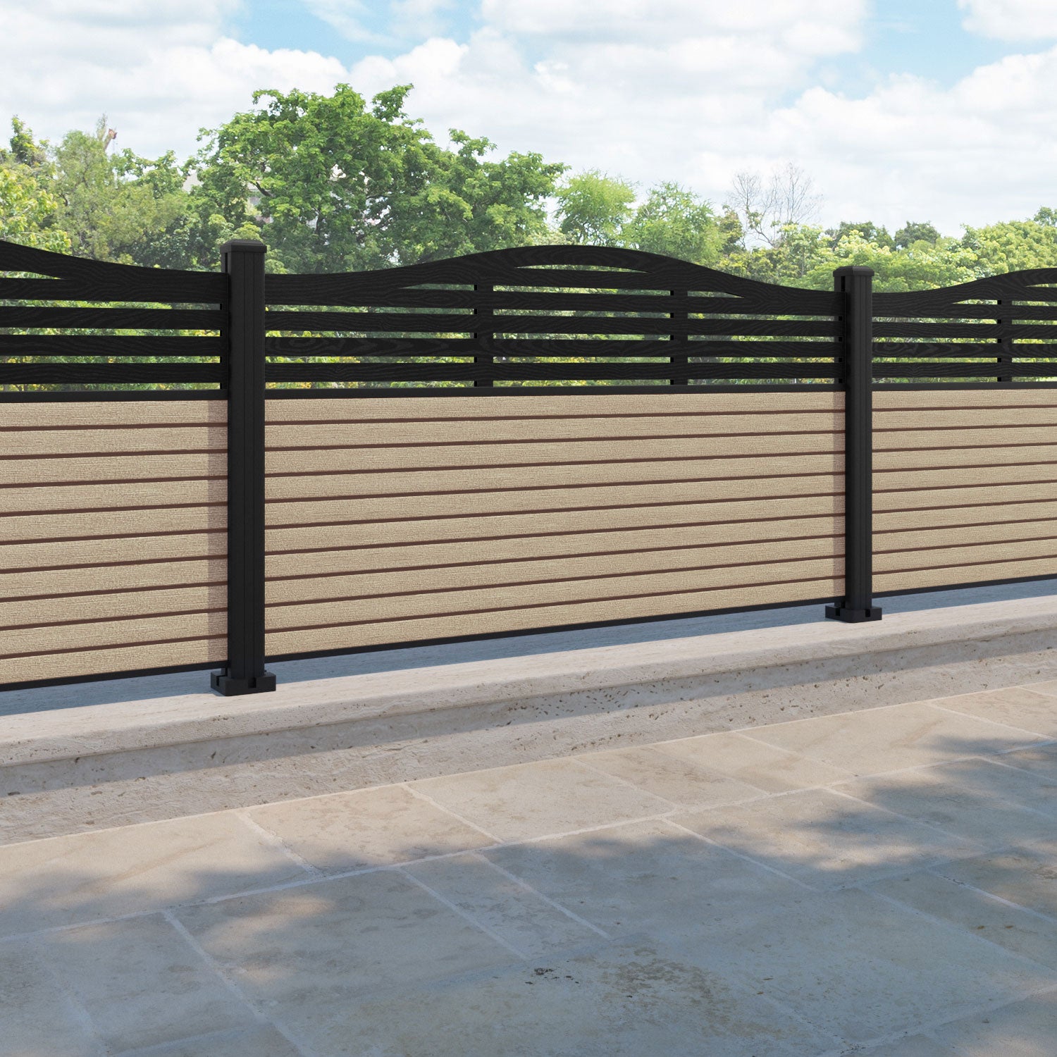Hudson Aspen Curved Top Fence Panel - Light Oak - with our aluminium posts