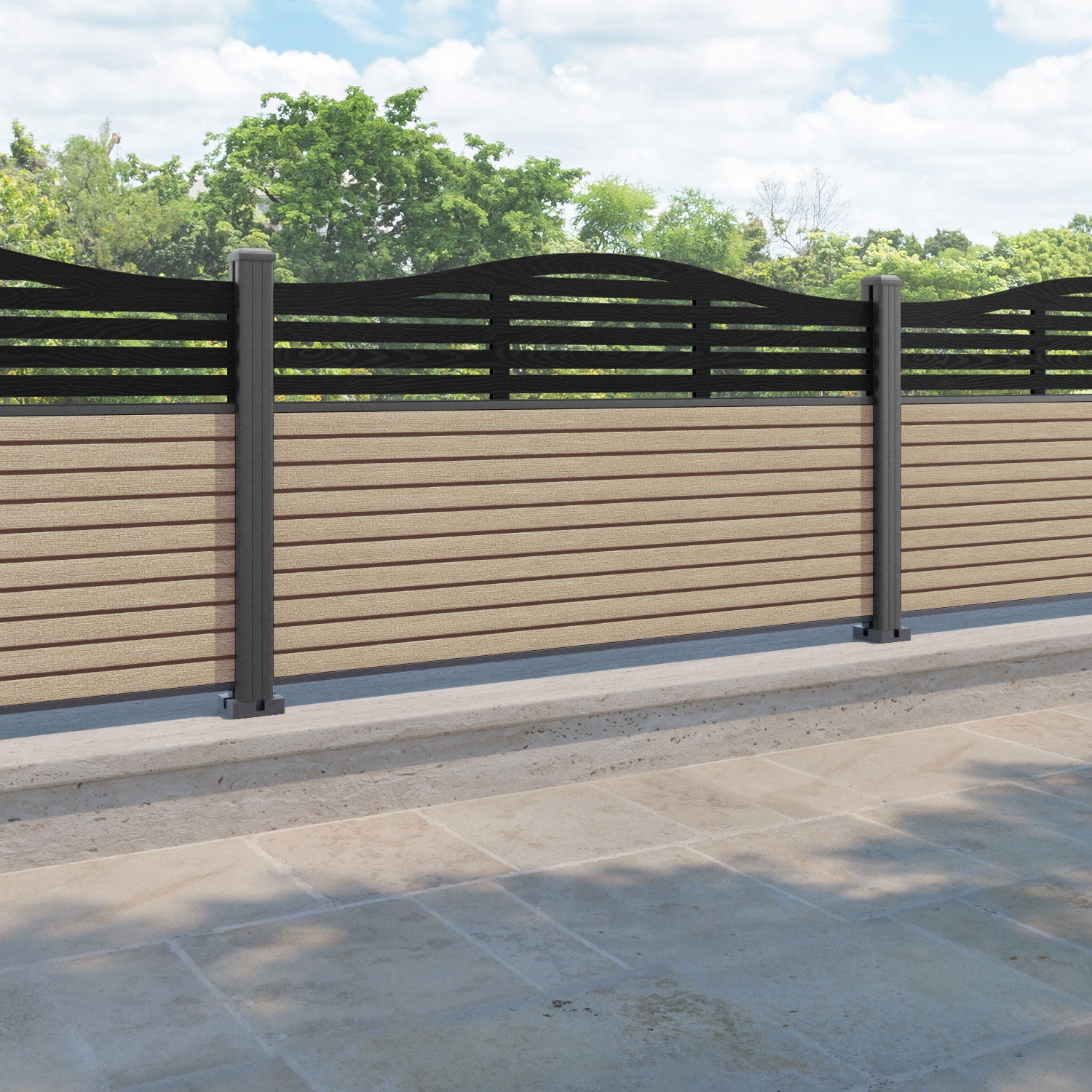 Hudson Aspen Curved Top Fence Panel - Light Oak - with our aluminium posts