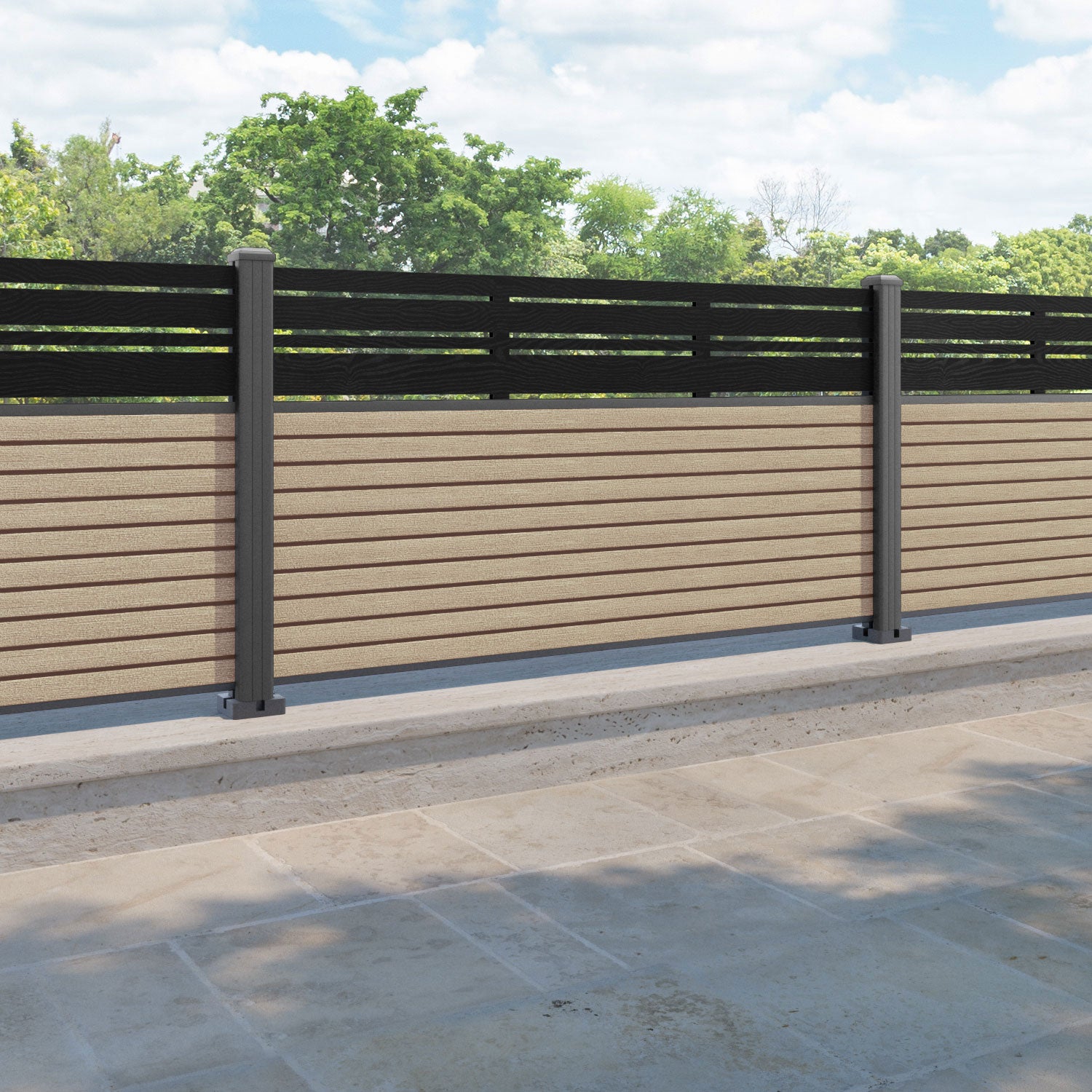 Hudson Linea Fence Panel - Light Oak - with our aluminium posts