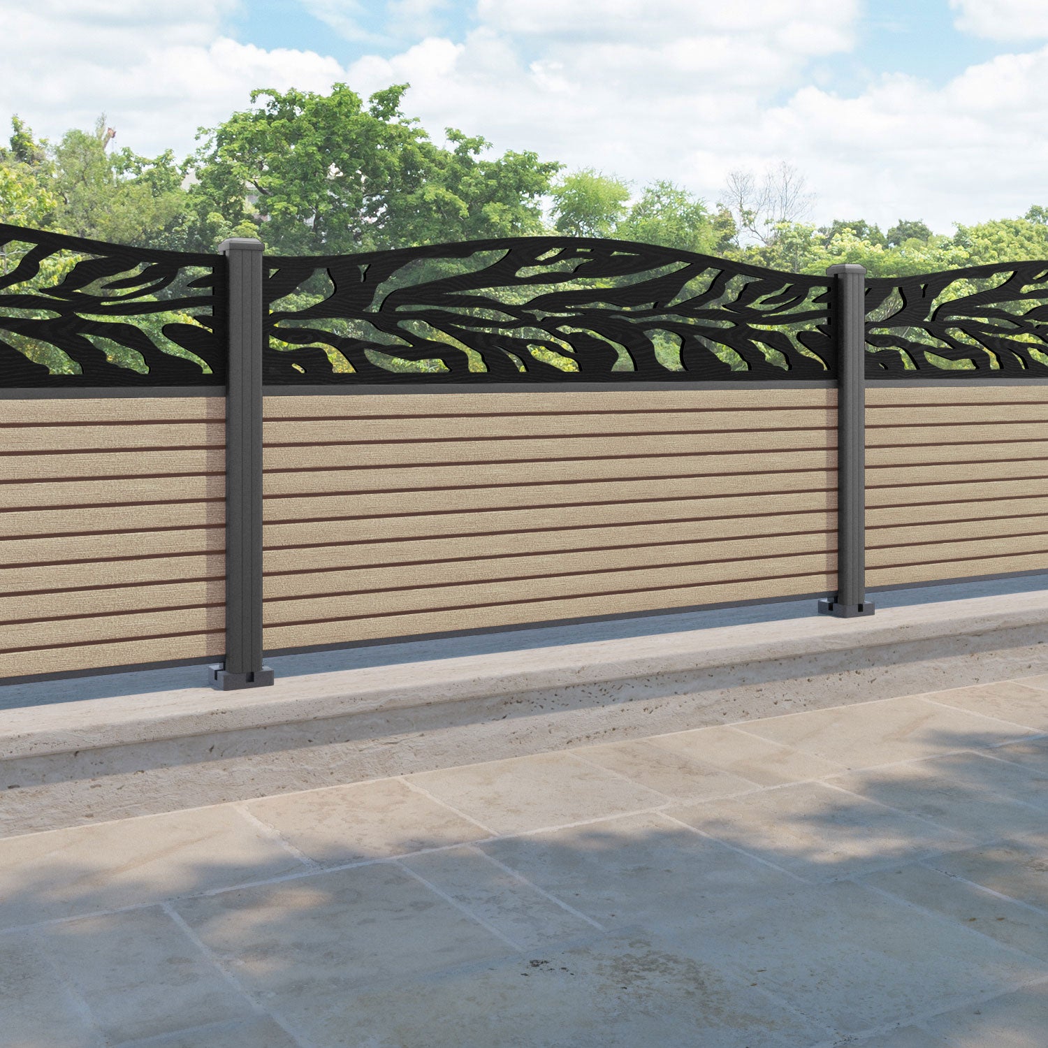 Hudson Malawi Curved Top Fence Panel - Light Oak - with our aluminium posts