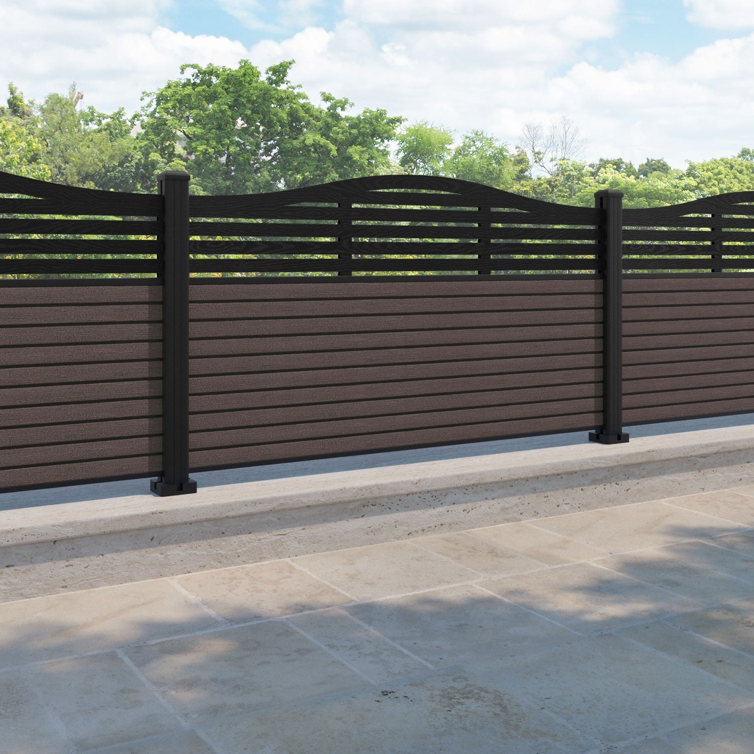 Hudson Aspen Curved Top Fence Panel - Mid Brown - with our aluminium posts