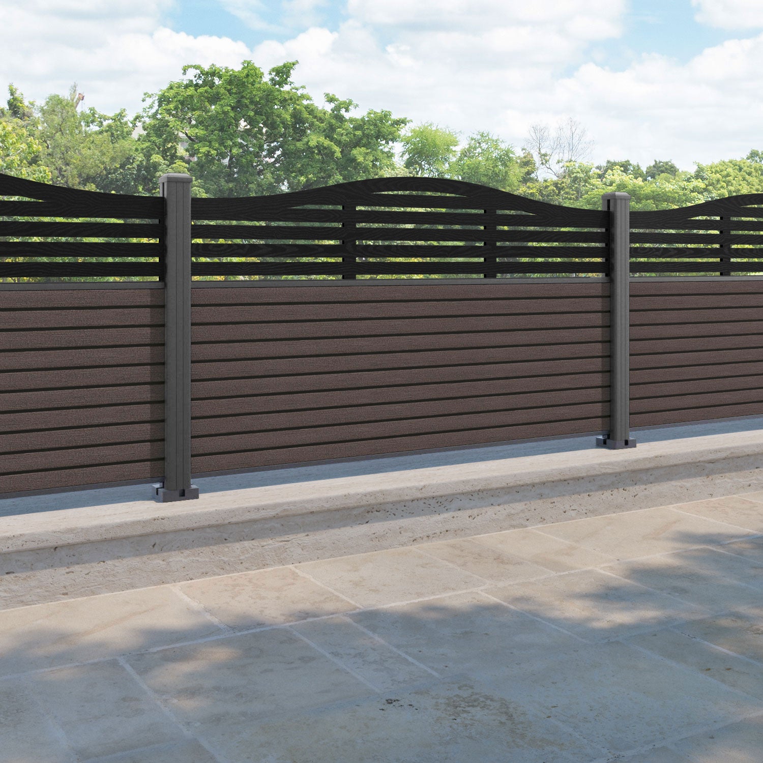 Hudson Aspen Curved Top Fence Panel - Mid Brown - with our aluminium posts