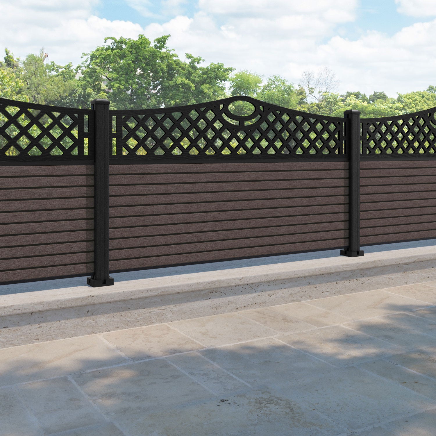 Hudson Oxford Curved Top Fence Panel - Mid Brown - with our composite posts