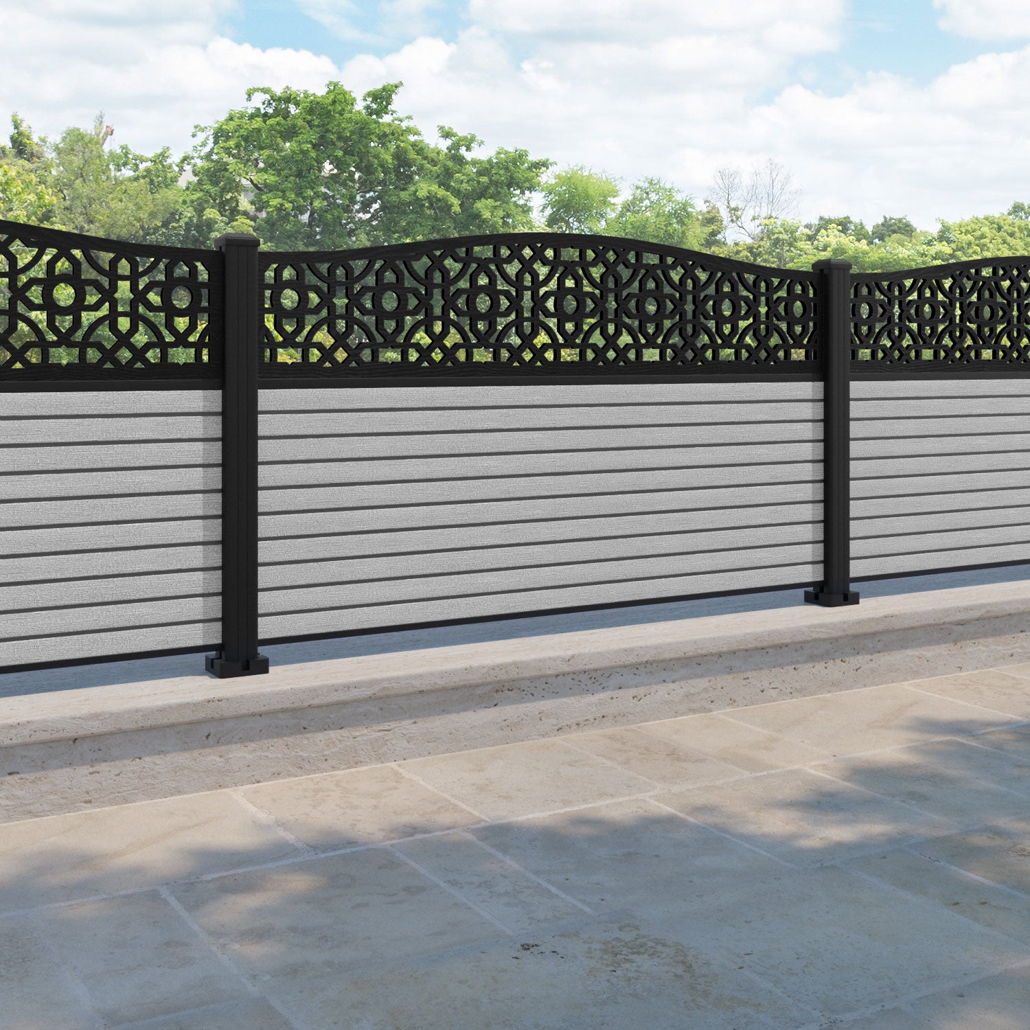 Hudson Nabila Curved Top Fence Panel - Light Grey - with our aluminium posts