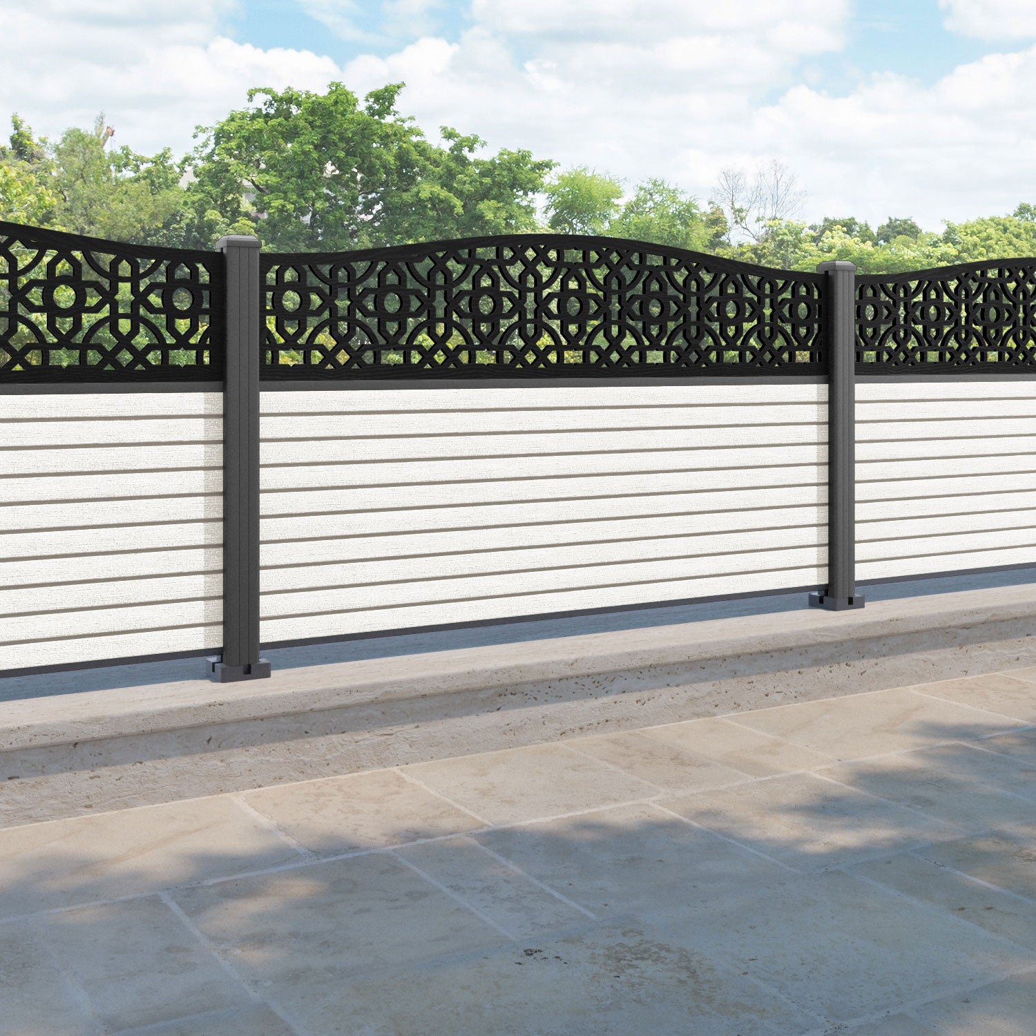 Hudson Nabila Curved Top Fence Panel - Light Stone - with our aluminium posts
