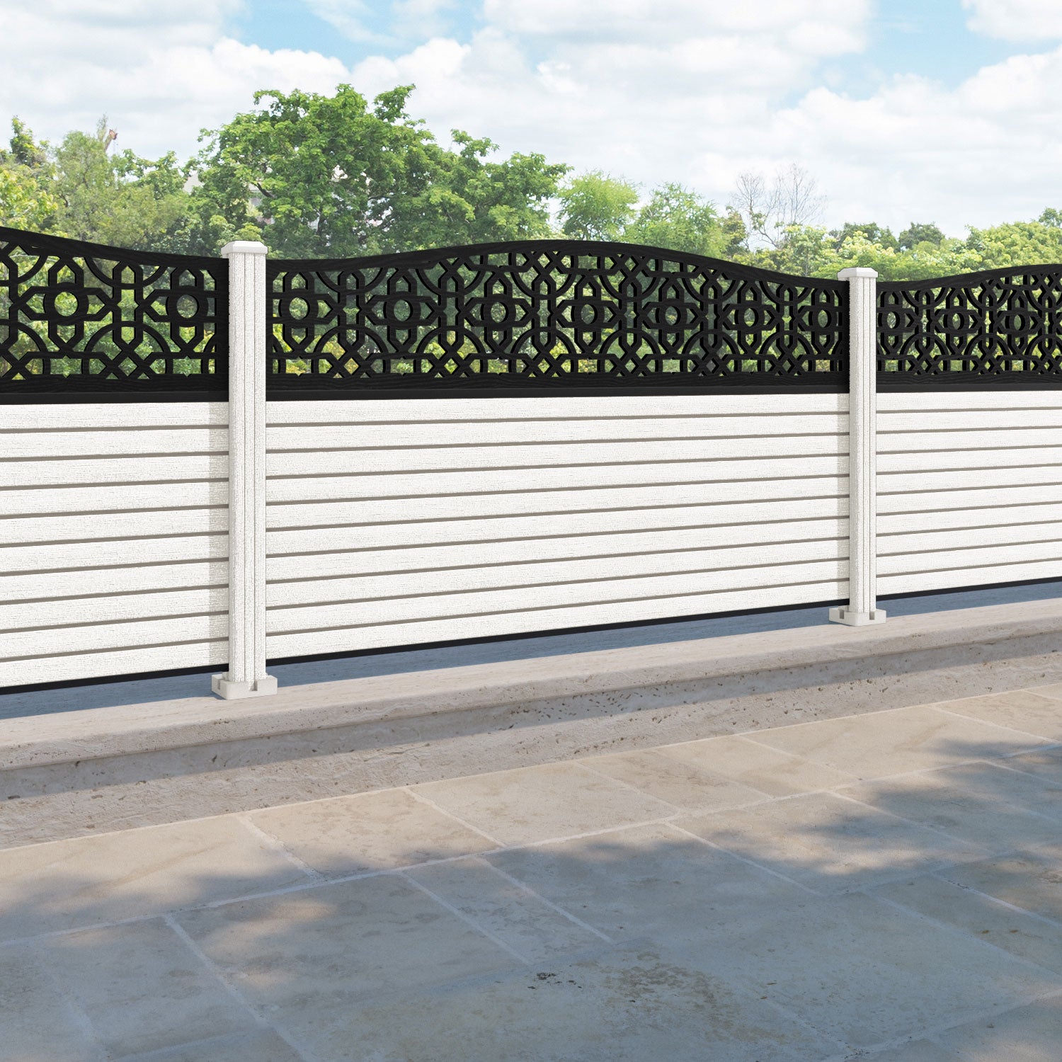 Hudson Nabila Curved Top Fence Panel - Light Stone - with our composite posts