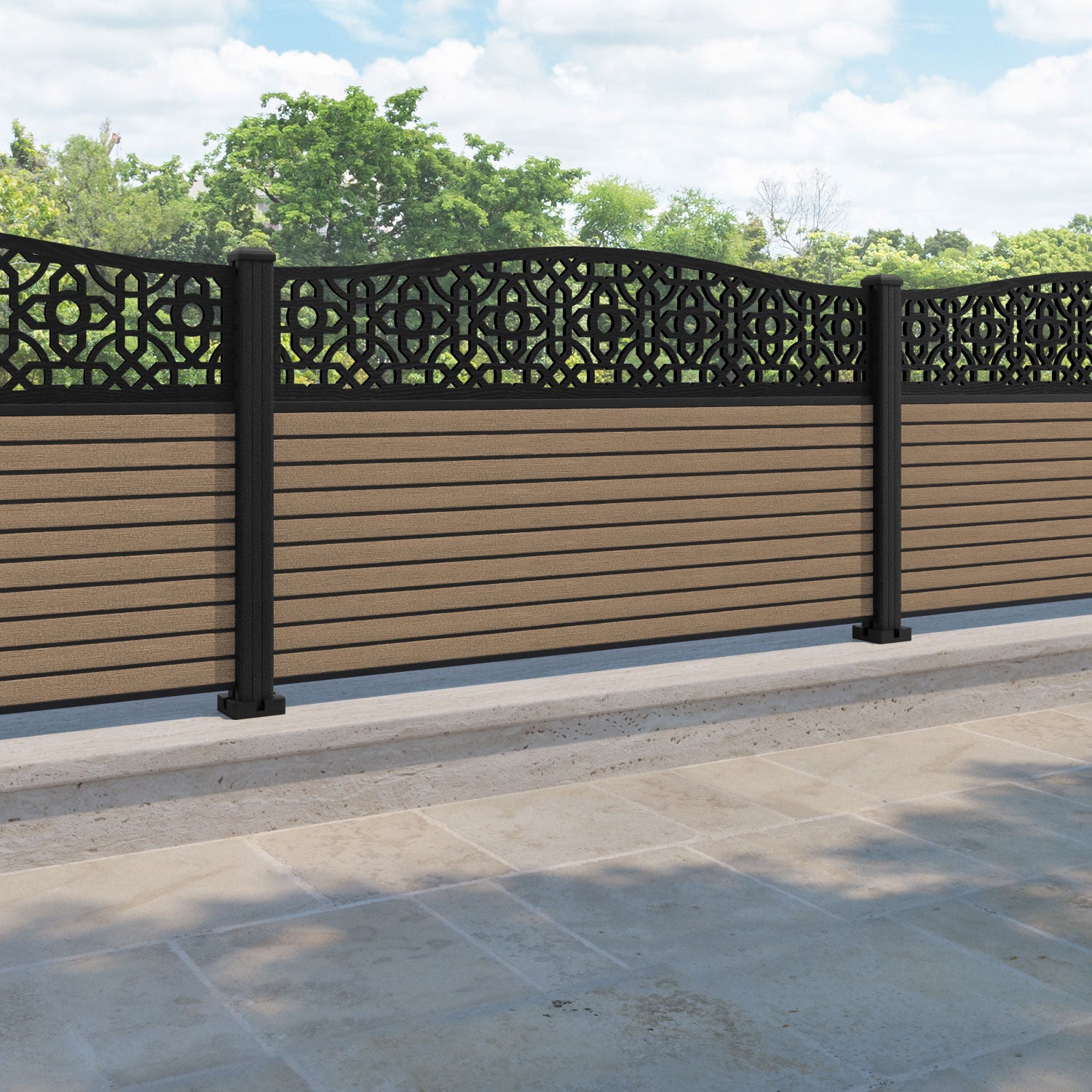 Hudson Nabila Curved Top Fence Panel - Teak - with our composite posts