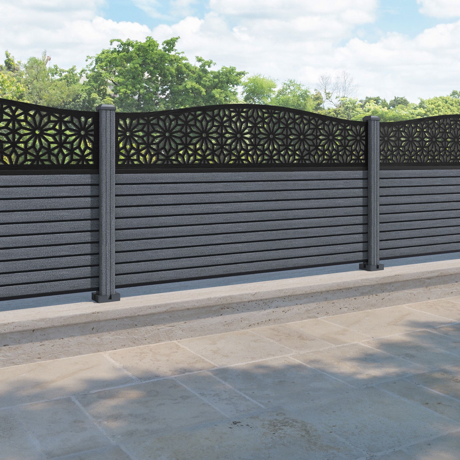 Hudson Narwa Curved Top Fence Panel - Anthracite - with our composite posts